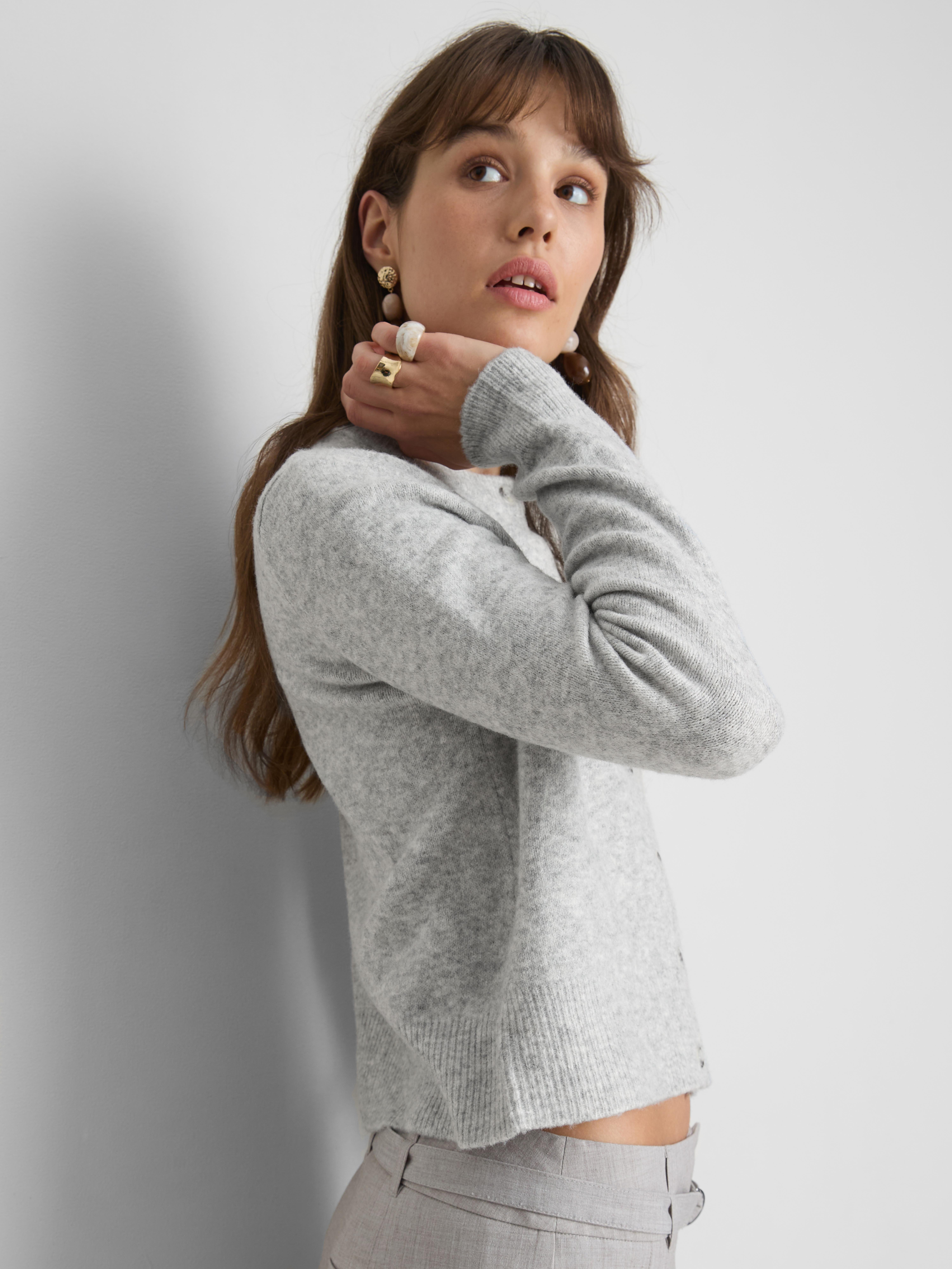 Essential Knitted Crewneck Cardigan - Light Gray