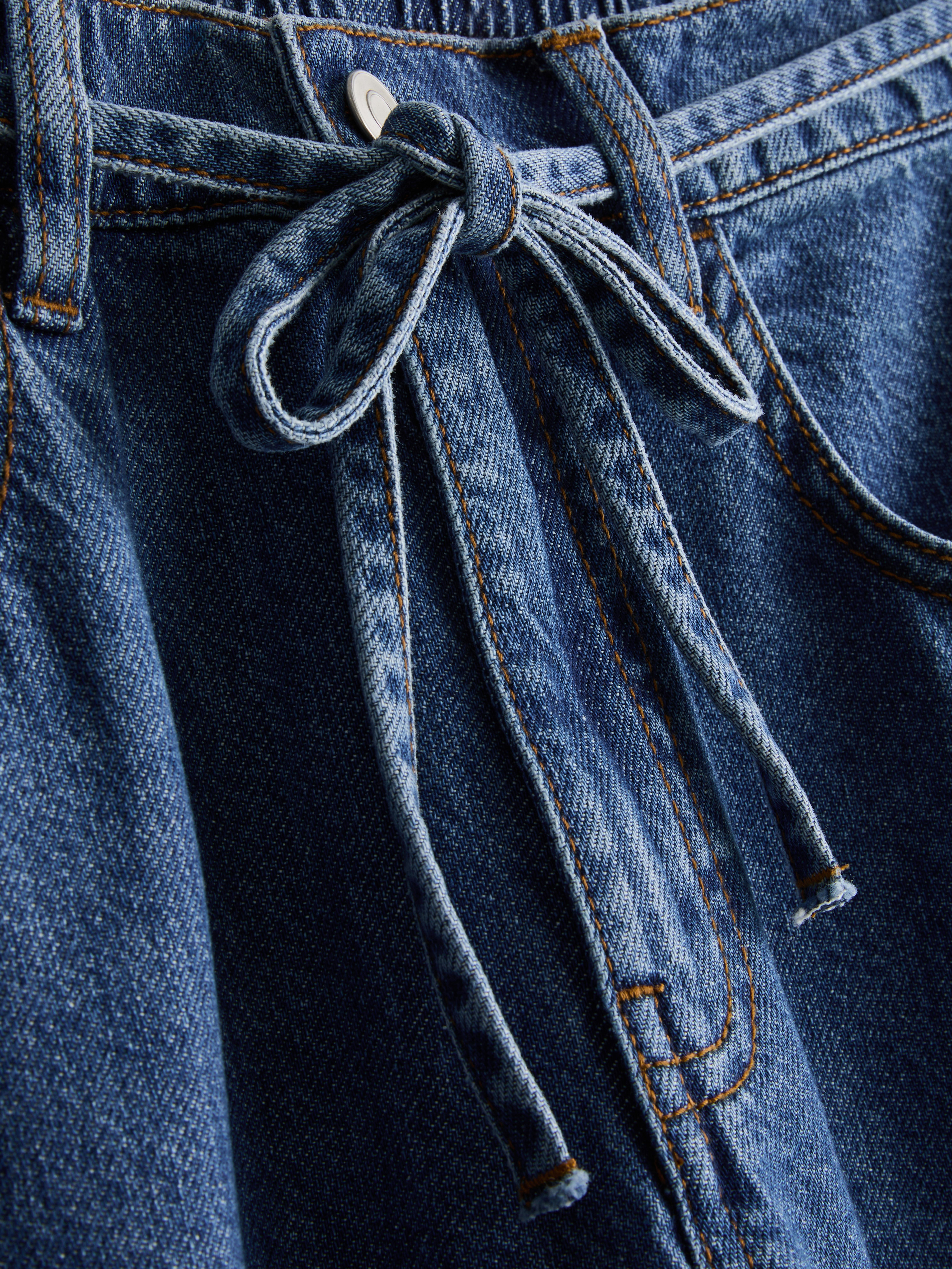 Cotton Denim Wide-Leg Drawstring Jeans - Mid Blue