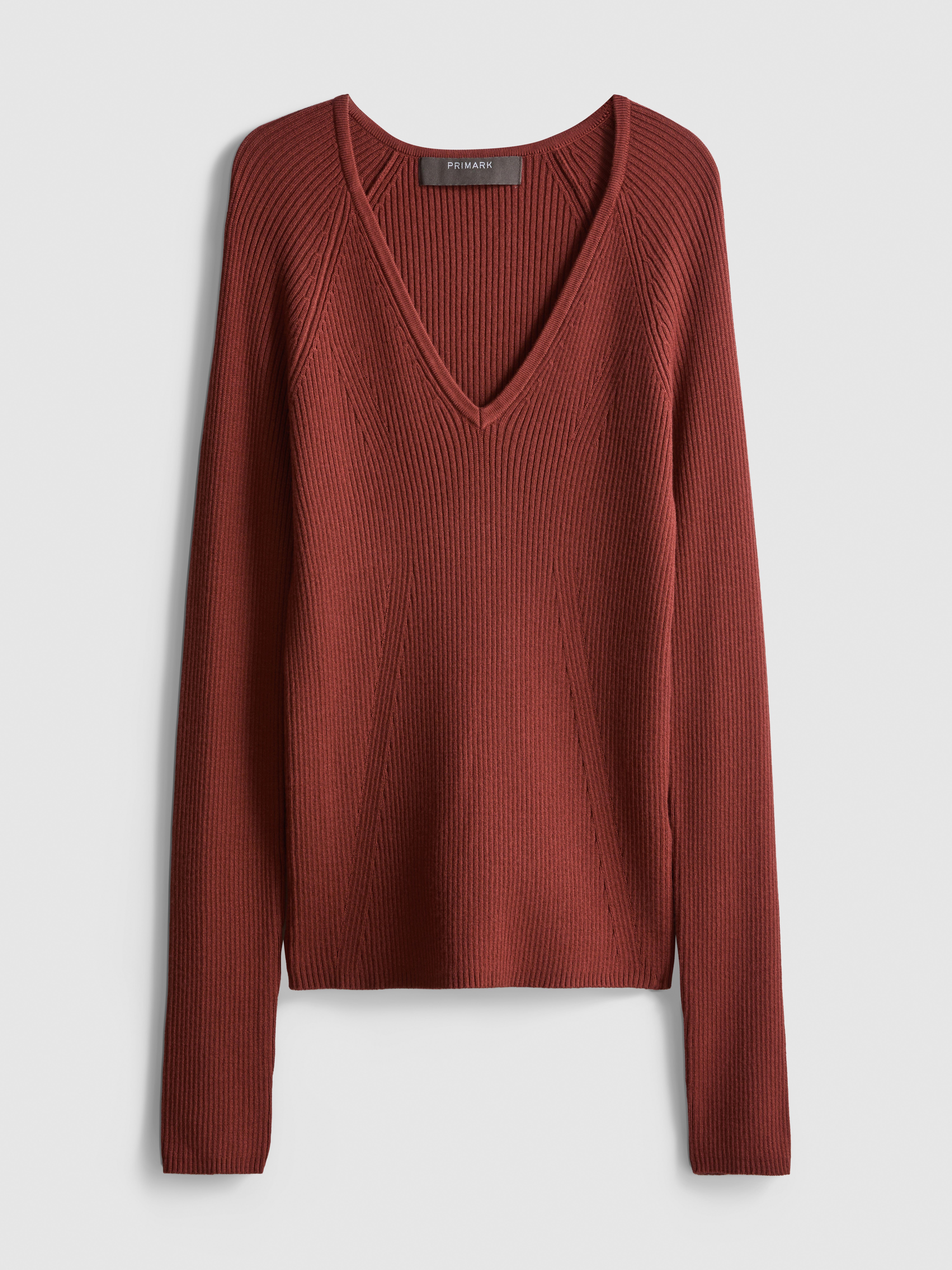 Ribbed V-Neck Sweater - Burnt Orange