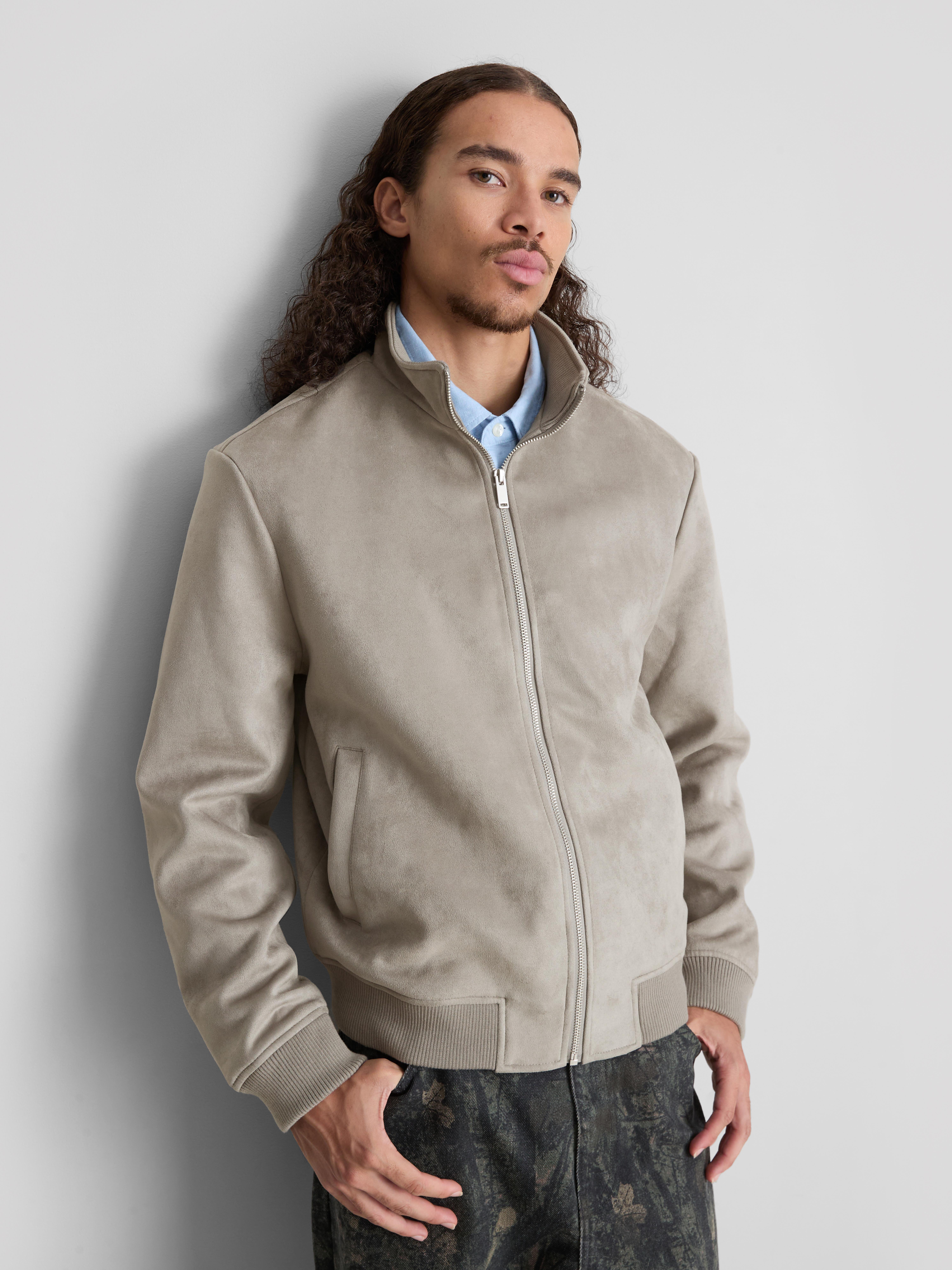 Faux Suede Bomber Jacket - Light Gray