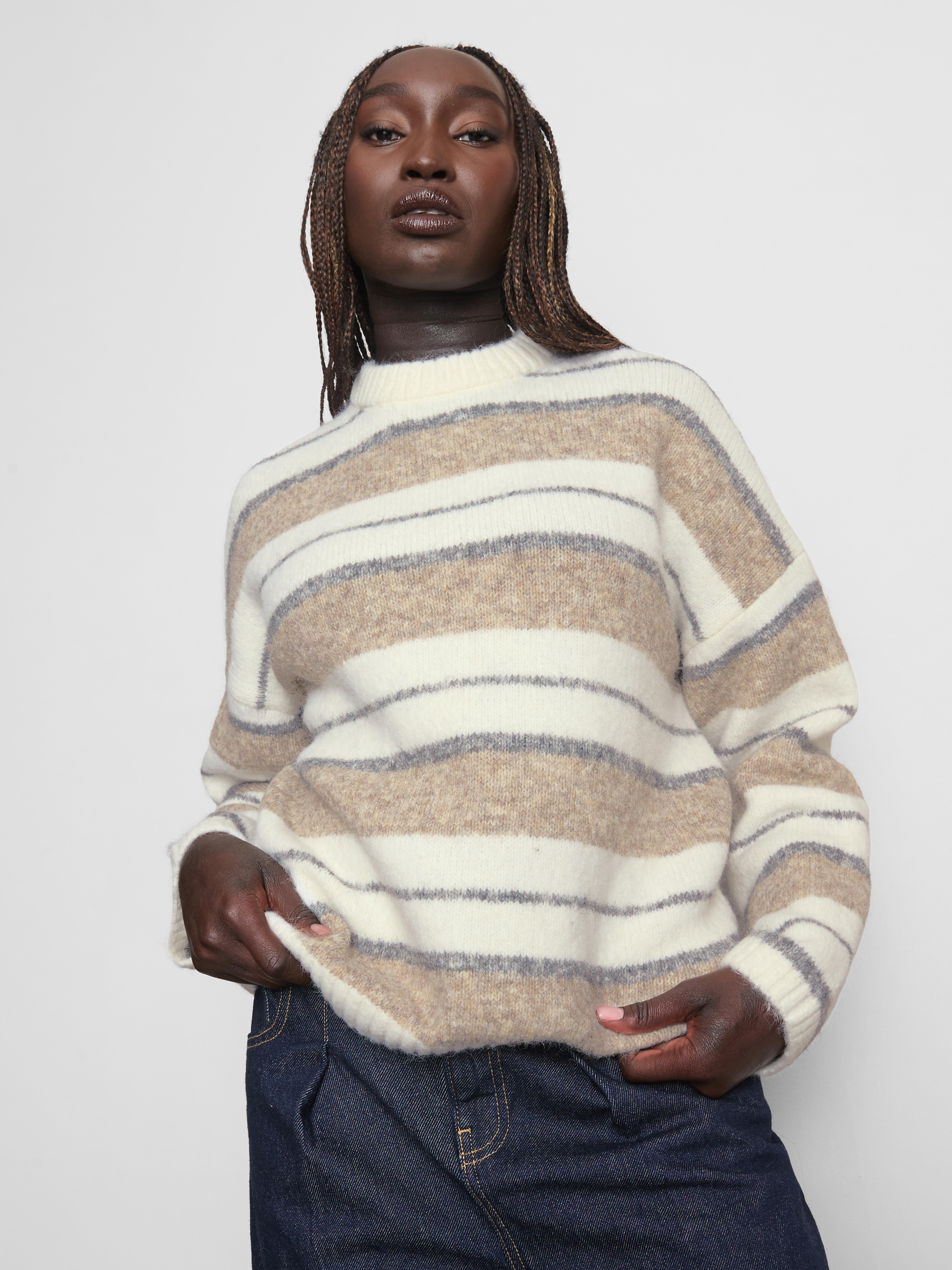 Knitted Fluffy Stripe Crew Neck Sweater - Ivory
