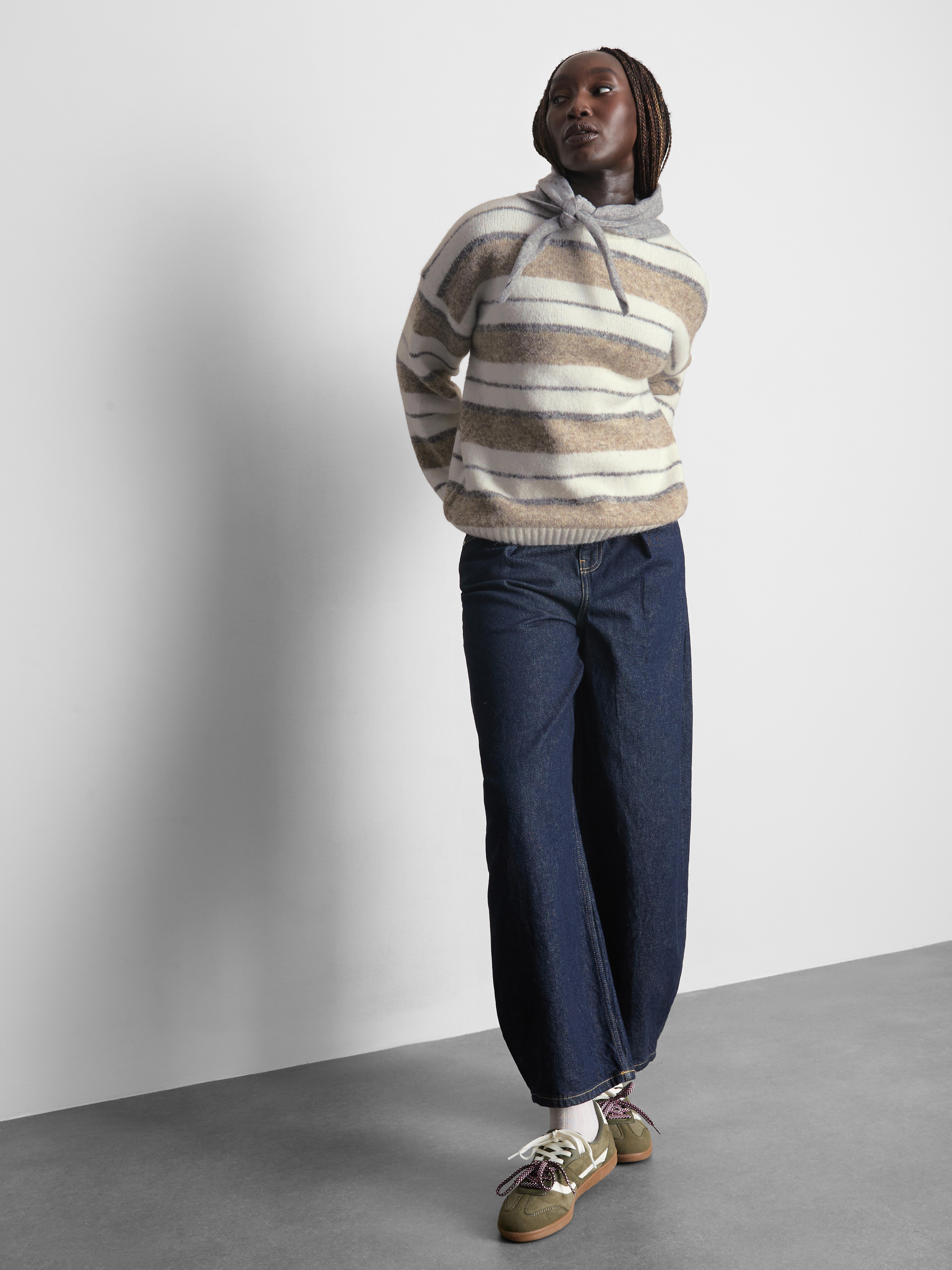 Knitted Fluffy Stripe Crew Neck Sweater - Ivory