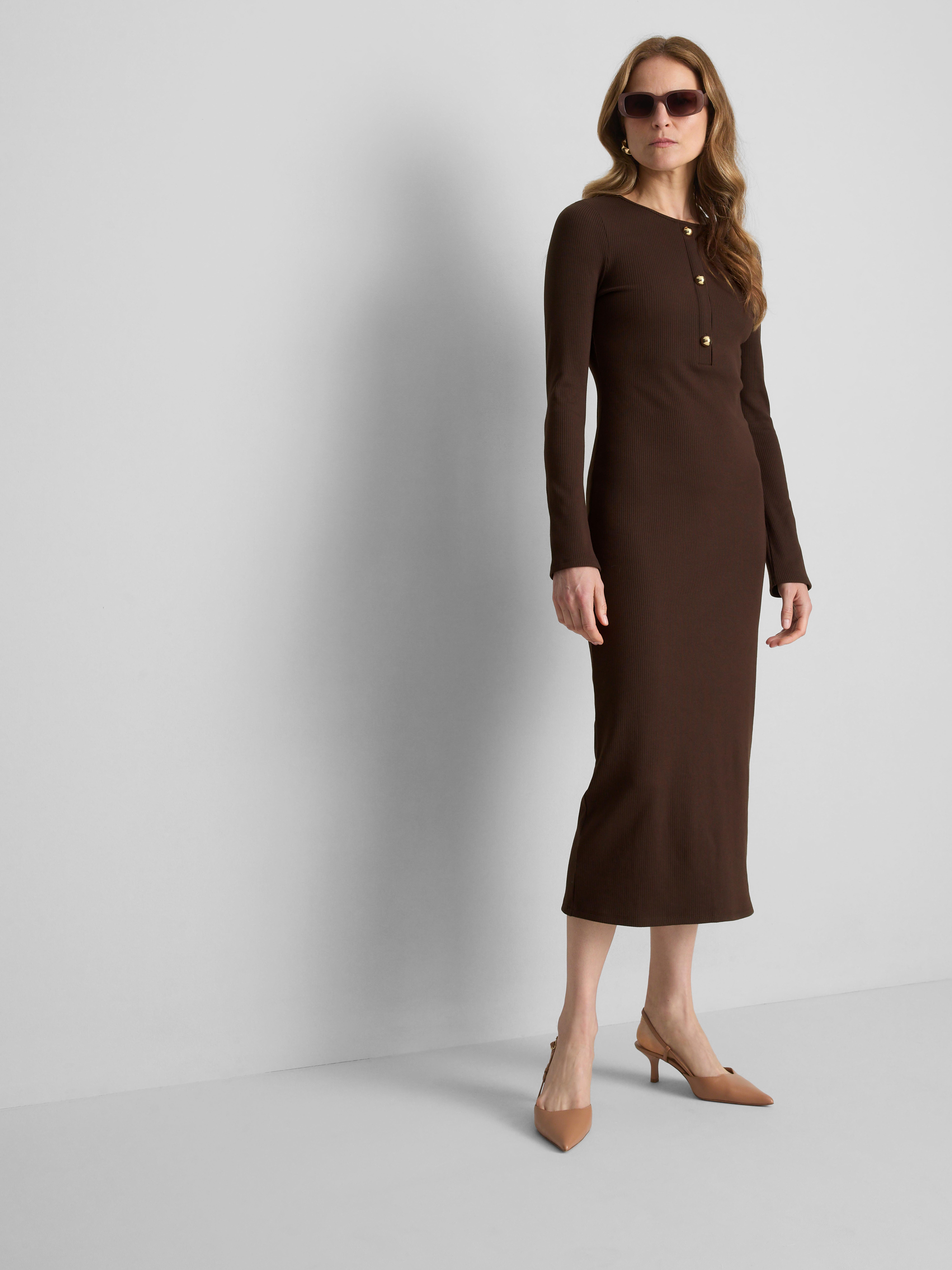 Ribbed Button-Detail Midi Dress - Chocolate