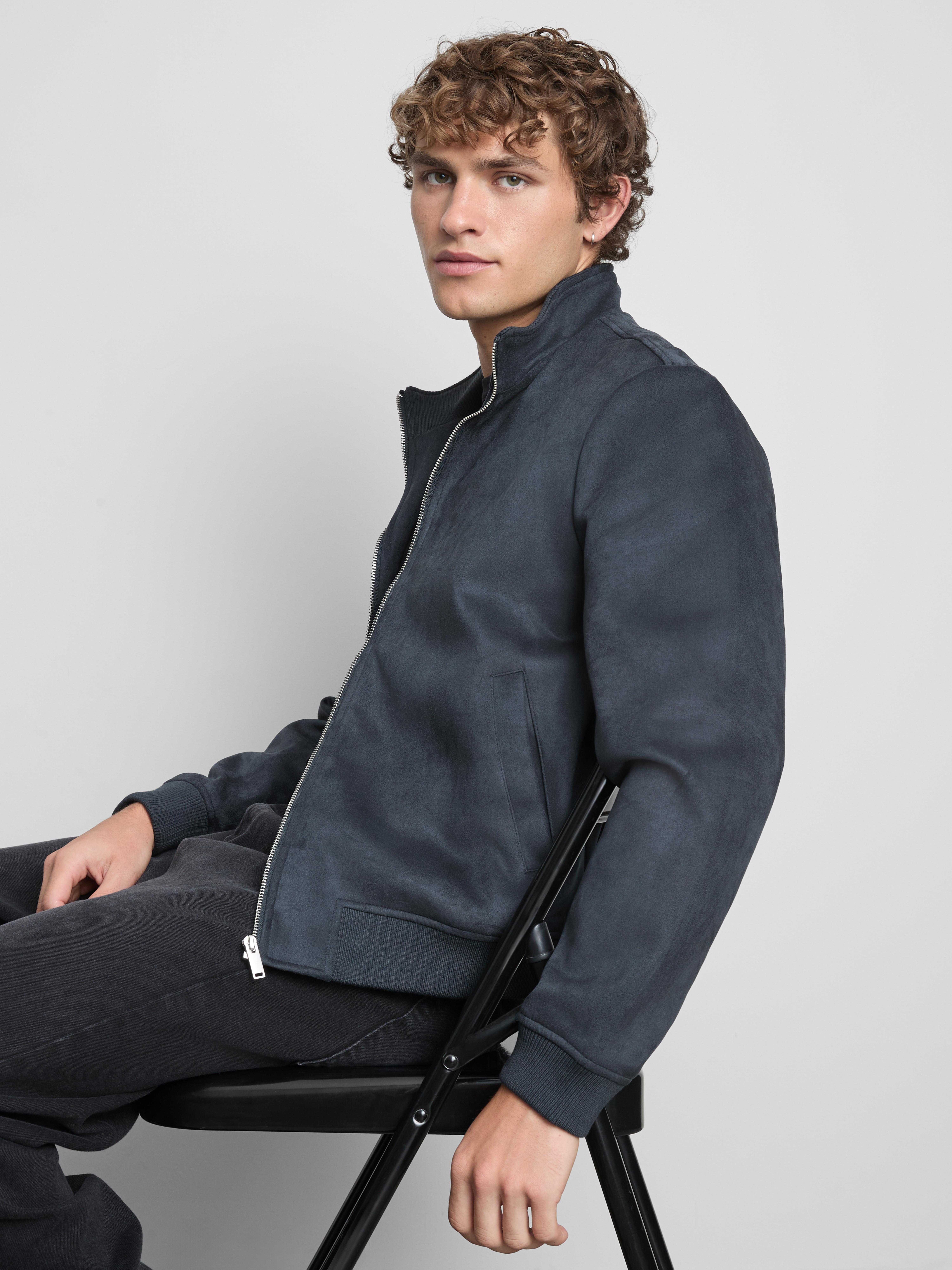 Faux Suede Bomber Jacket - Indigo