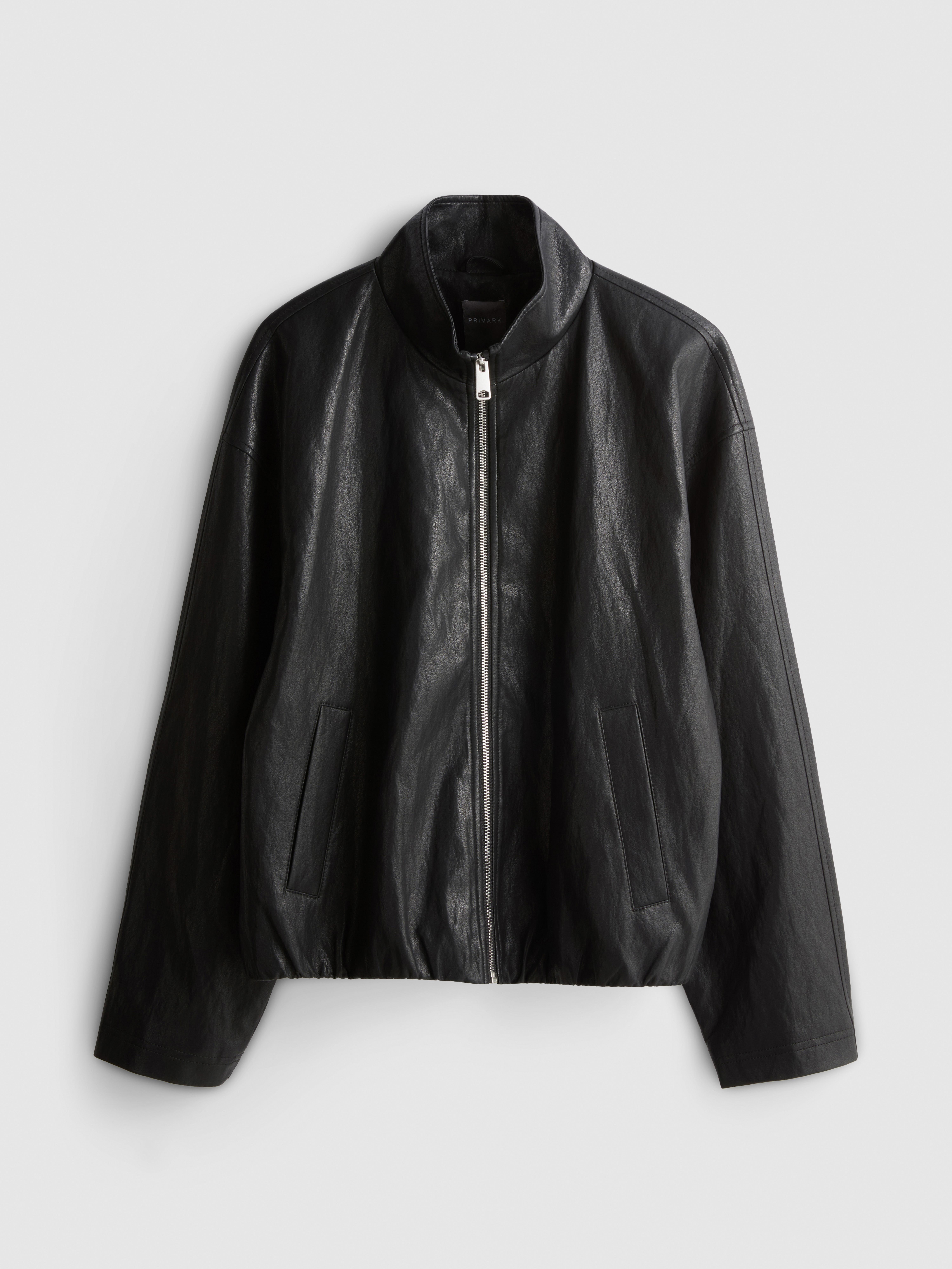 Faux Leather Funnel Jacket - Black