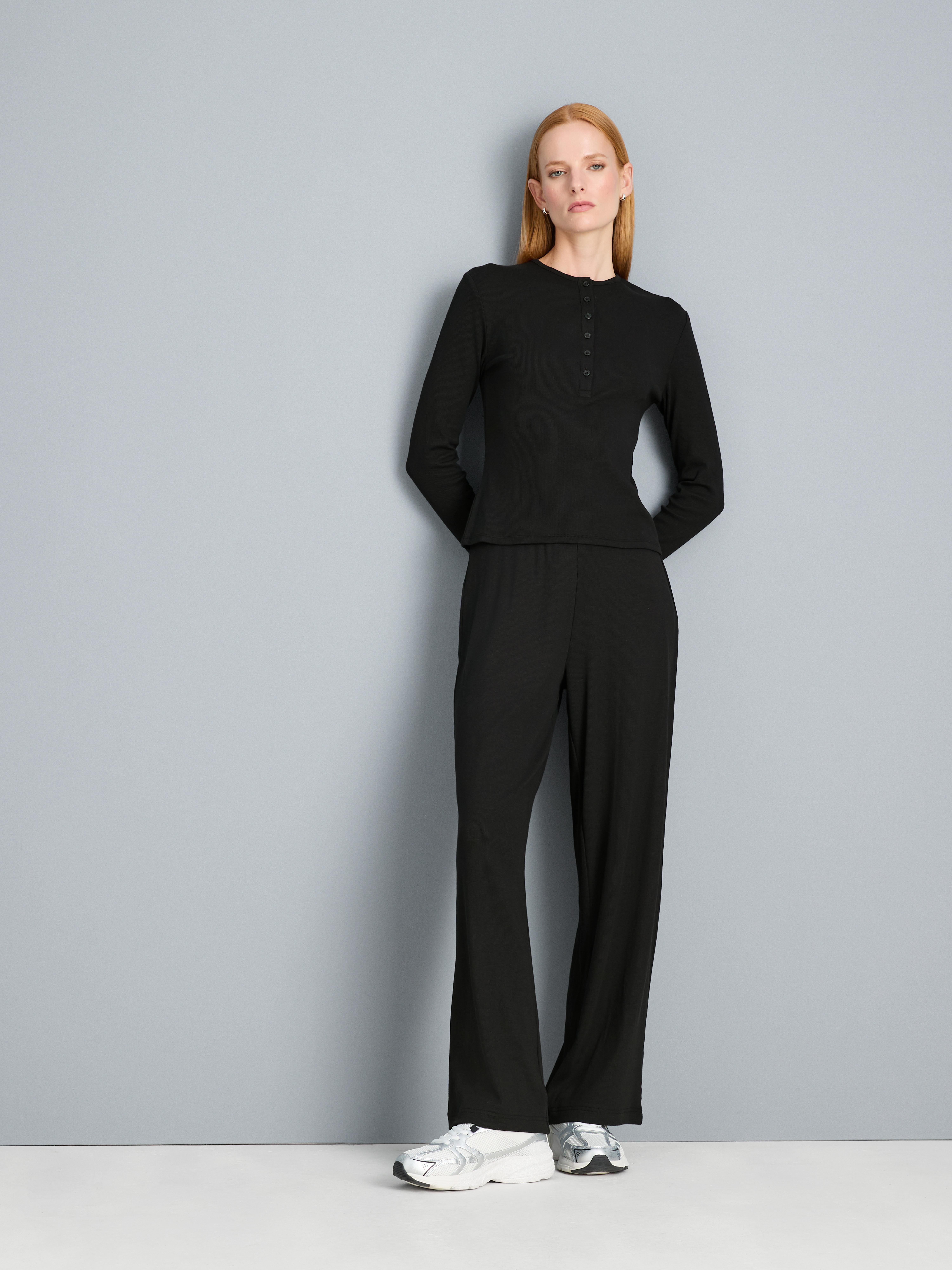 Ribbed Long Sleeve Henley Top - Black