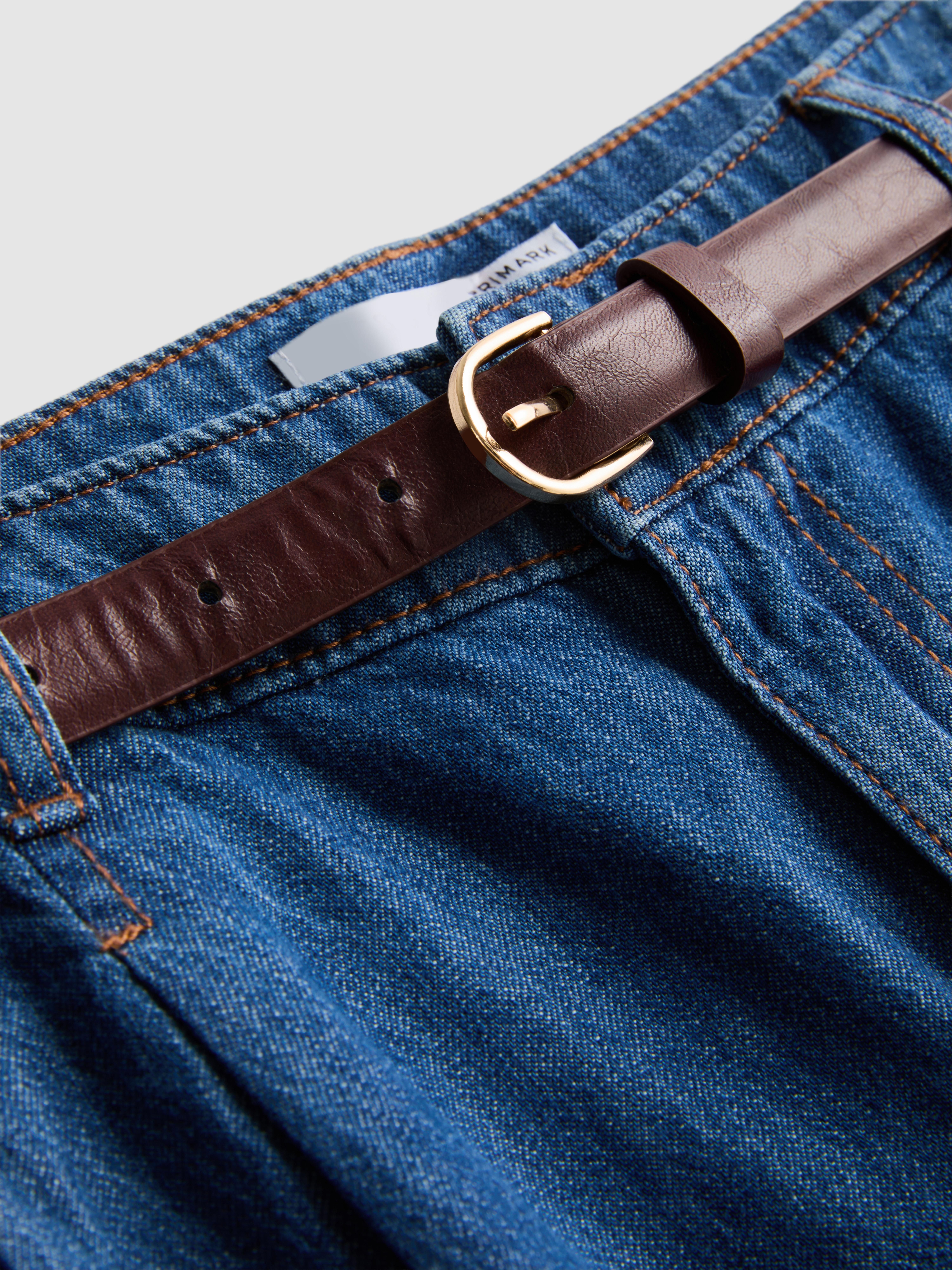 Cotton Denim Belted Culotte Pants - Mid Blue