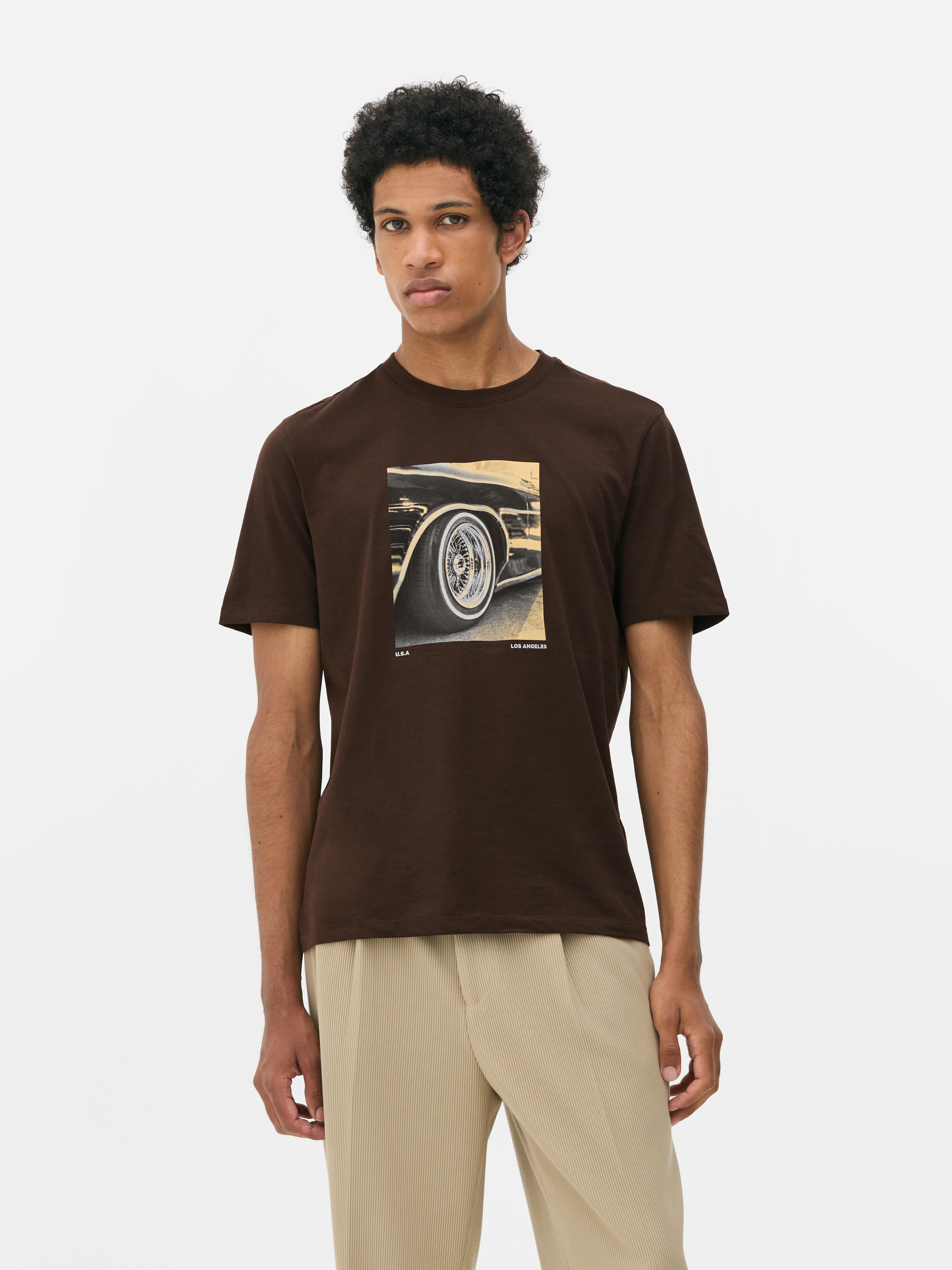 Car Wheel Graphic Short Sleeve T-Shirt - Brown