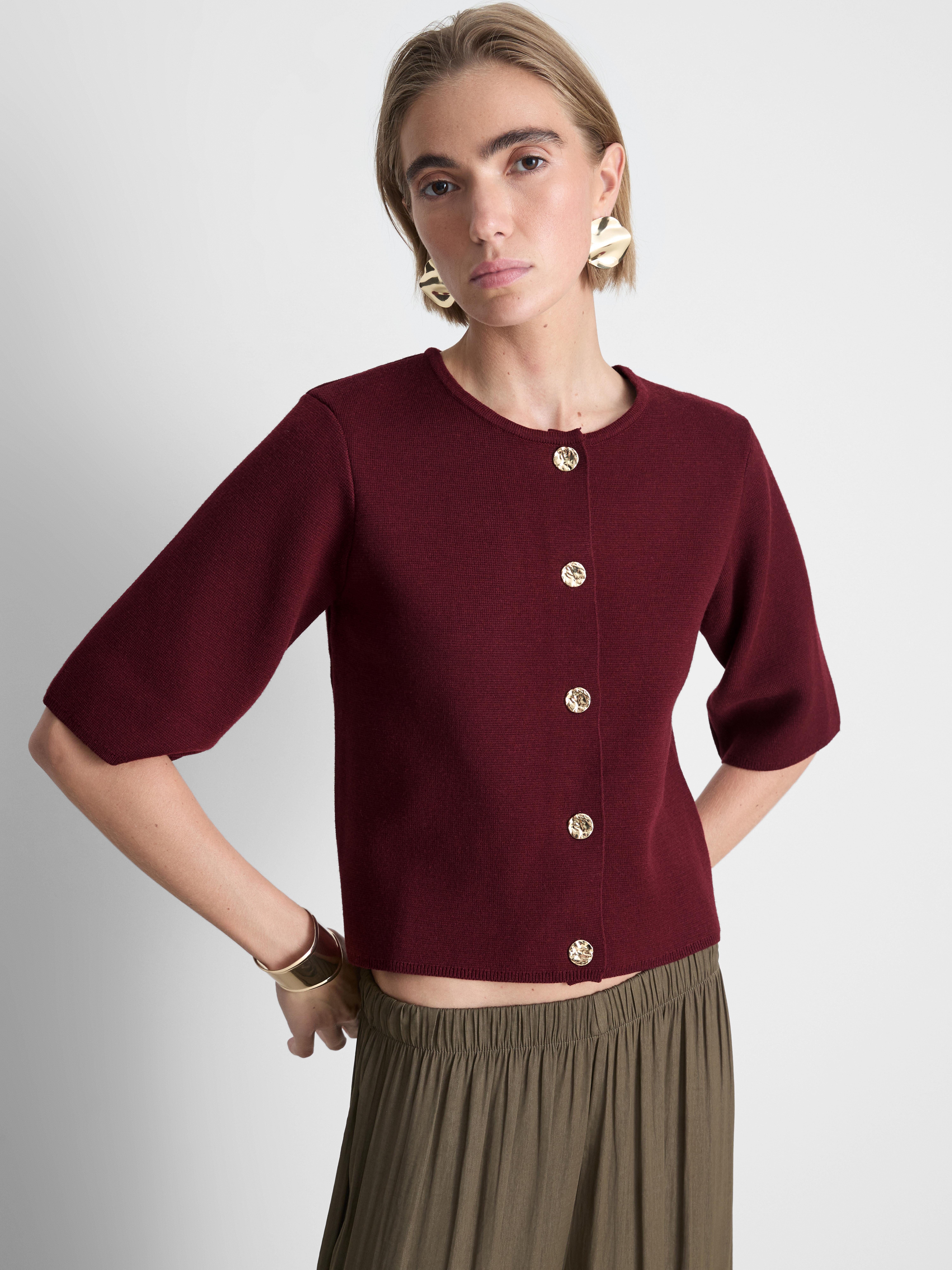 Boxy Roundneck Cardigan - Burgundy