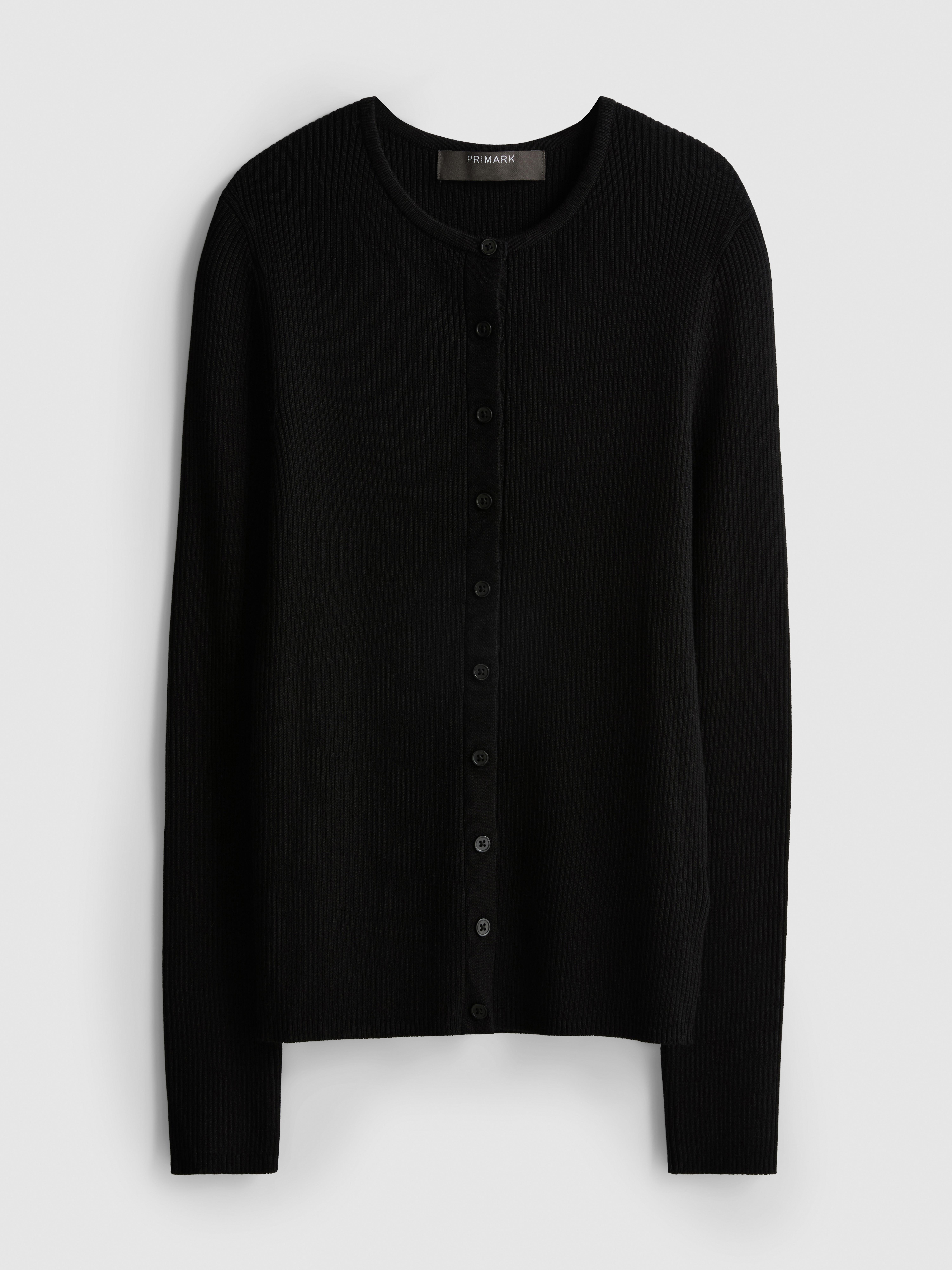 Ribbed Round Neck Cardigan - Black