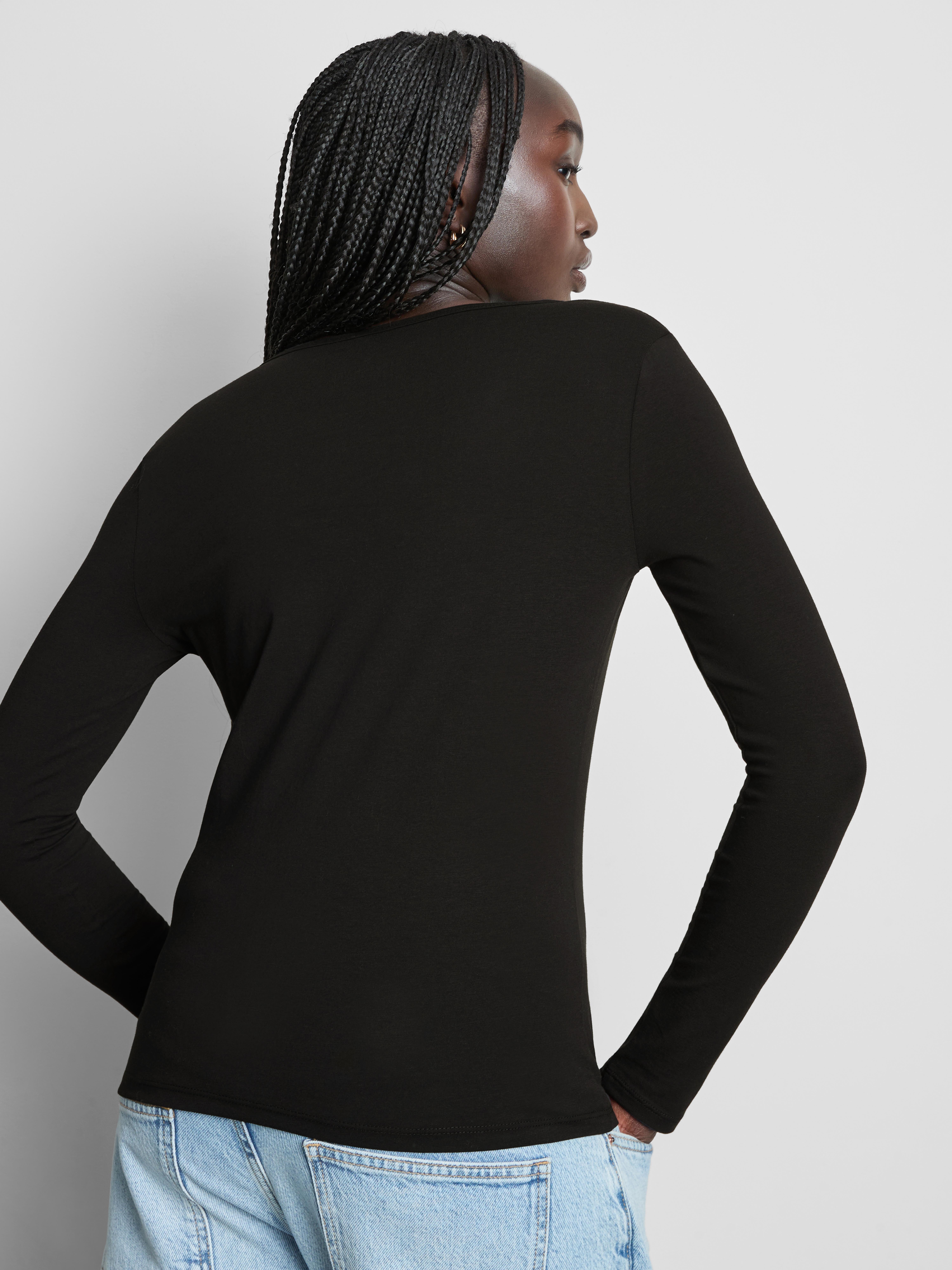 Cotton-Rich Long-Sleeve V-Neck Stretch Top - Black