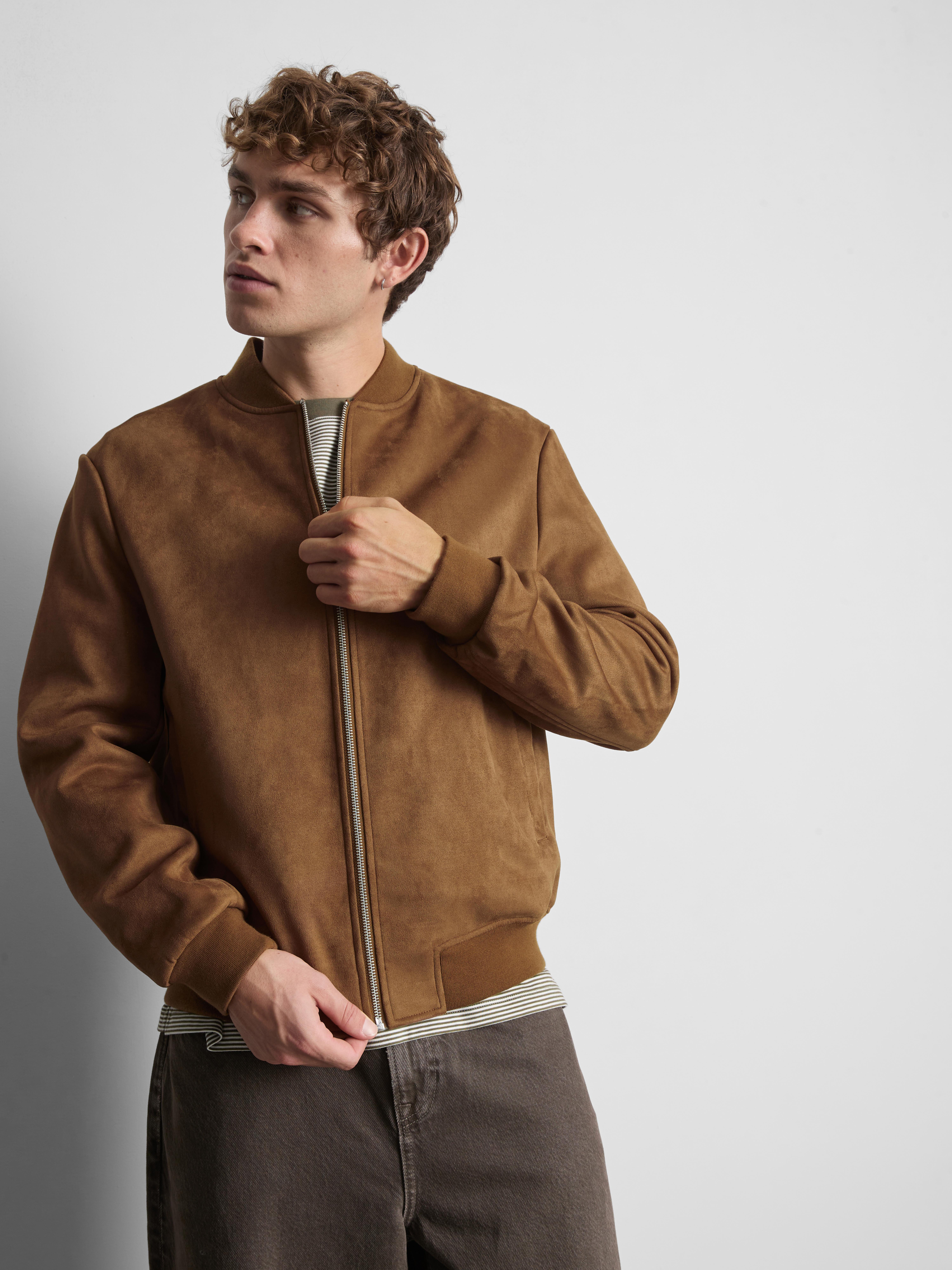 Faux Suede Zip-Up Bomber Jacket - Tobacco