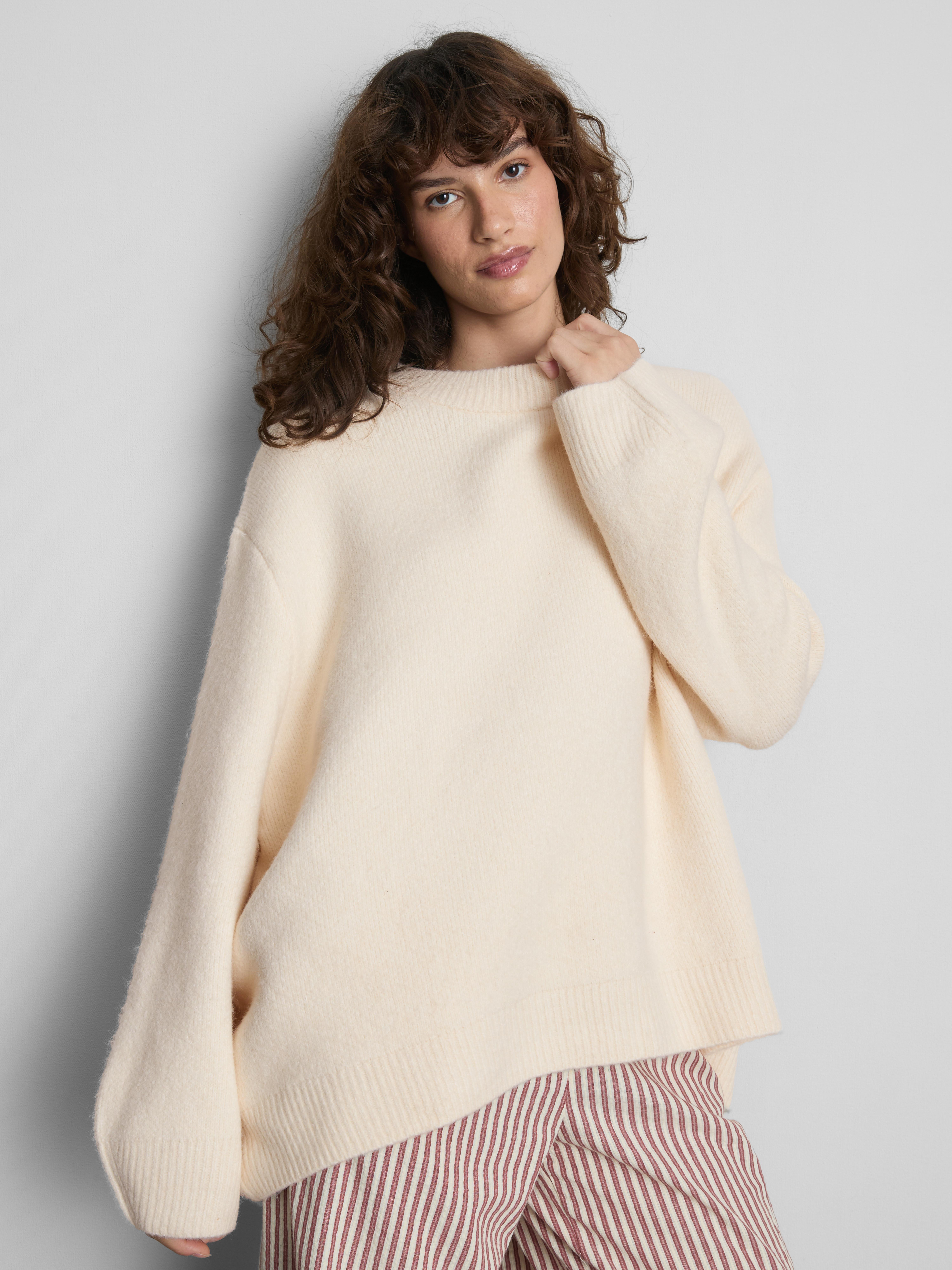 Wool Blend Oversized Crew Neck Sweater - Cream