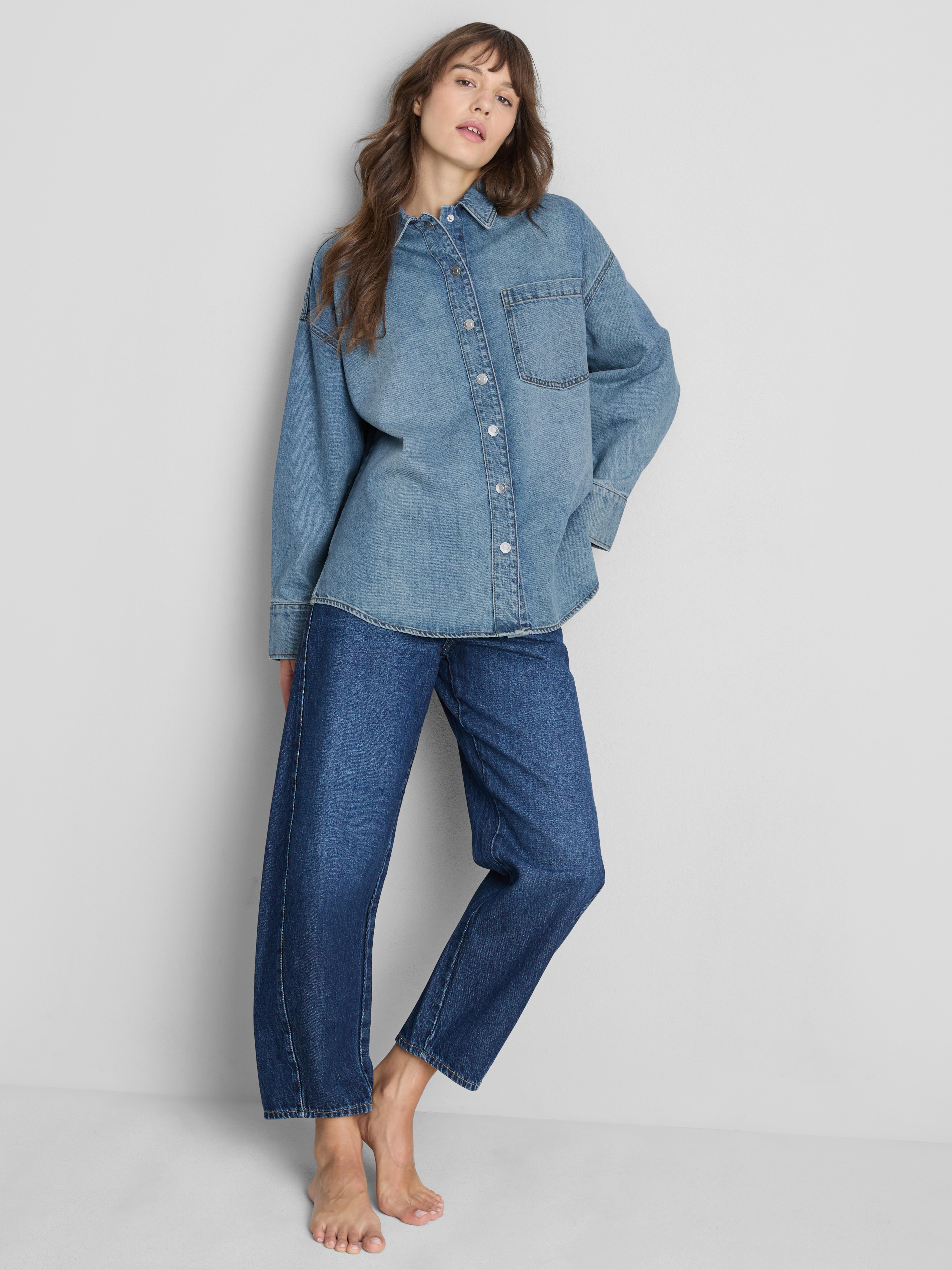 Relaxed Cotton Denim Button-Up Shirt - Mid Blue