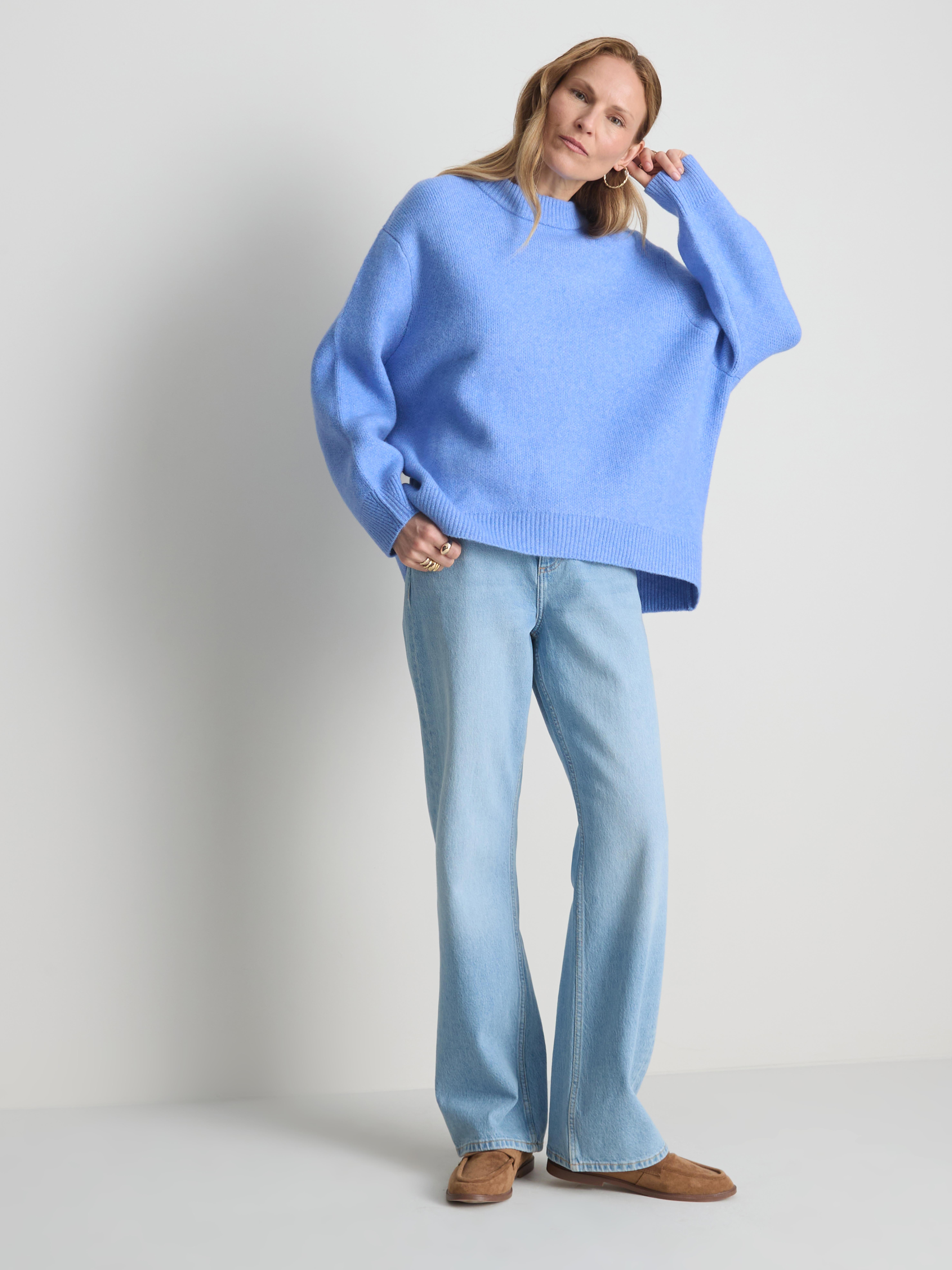 Wool Blend Oversized Crew Neck Sweater - Blue