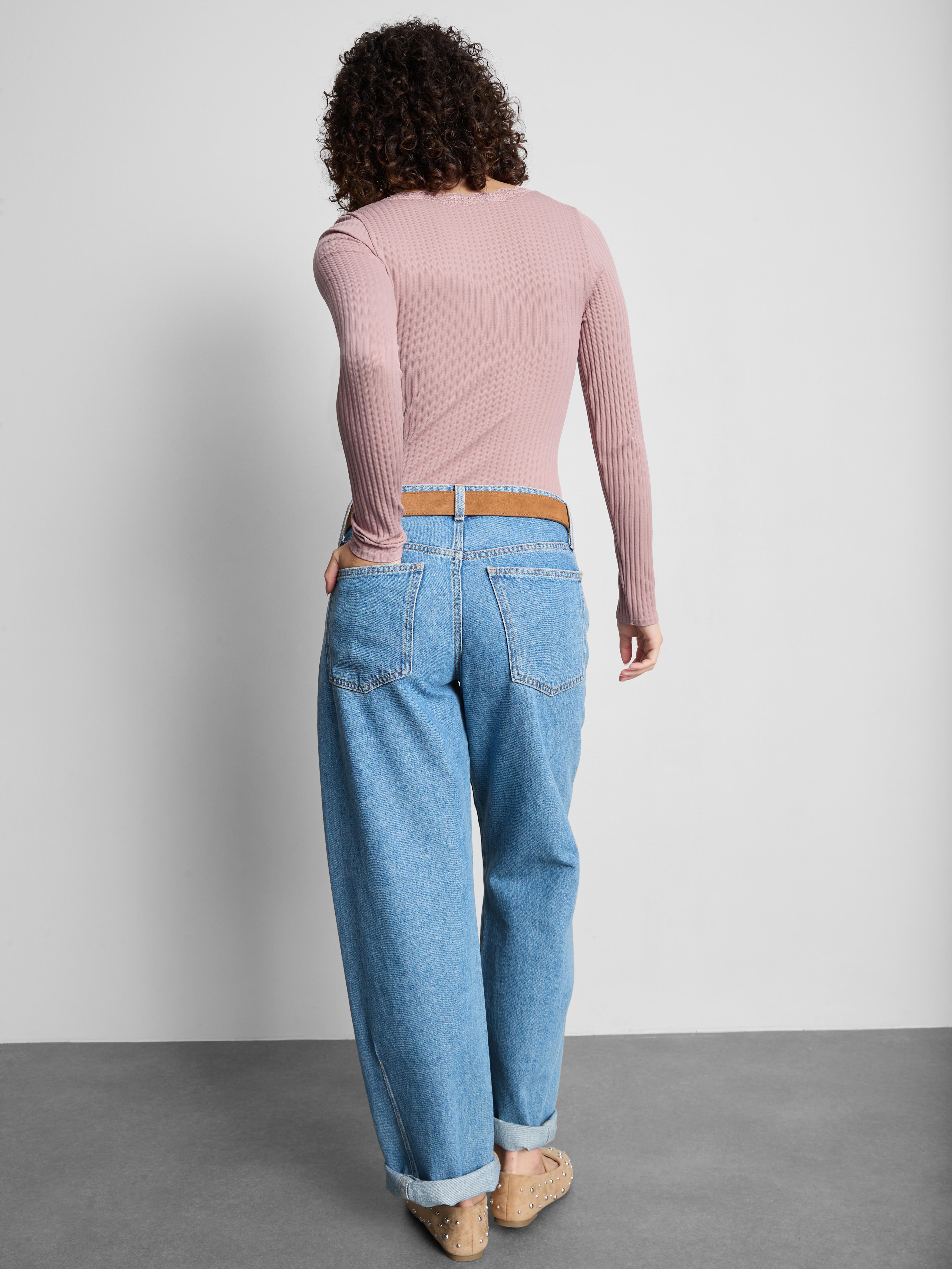 Ribbed Long-Sleeve Squareneck Top - Pink