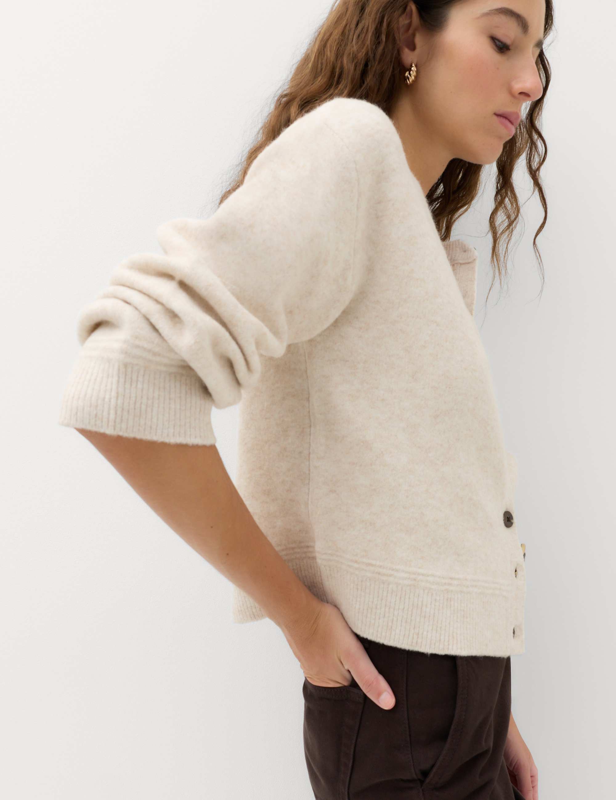 Crew Neck Cardigan With Wool