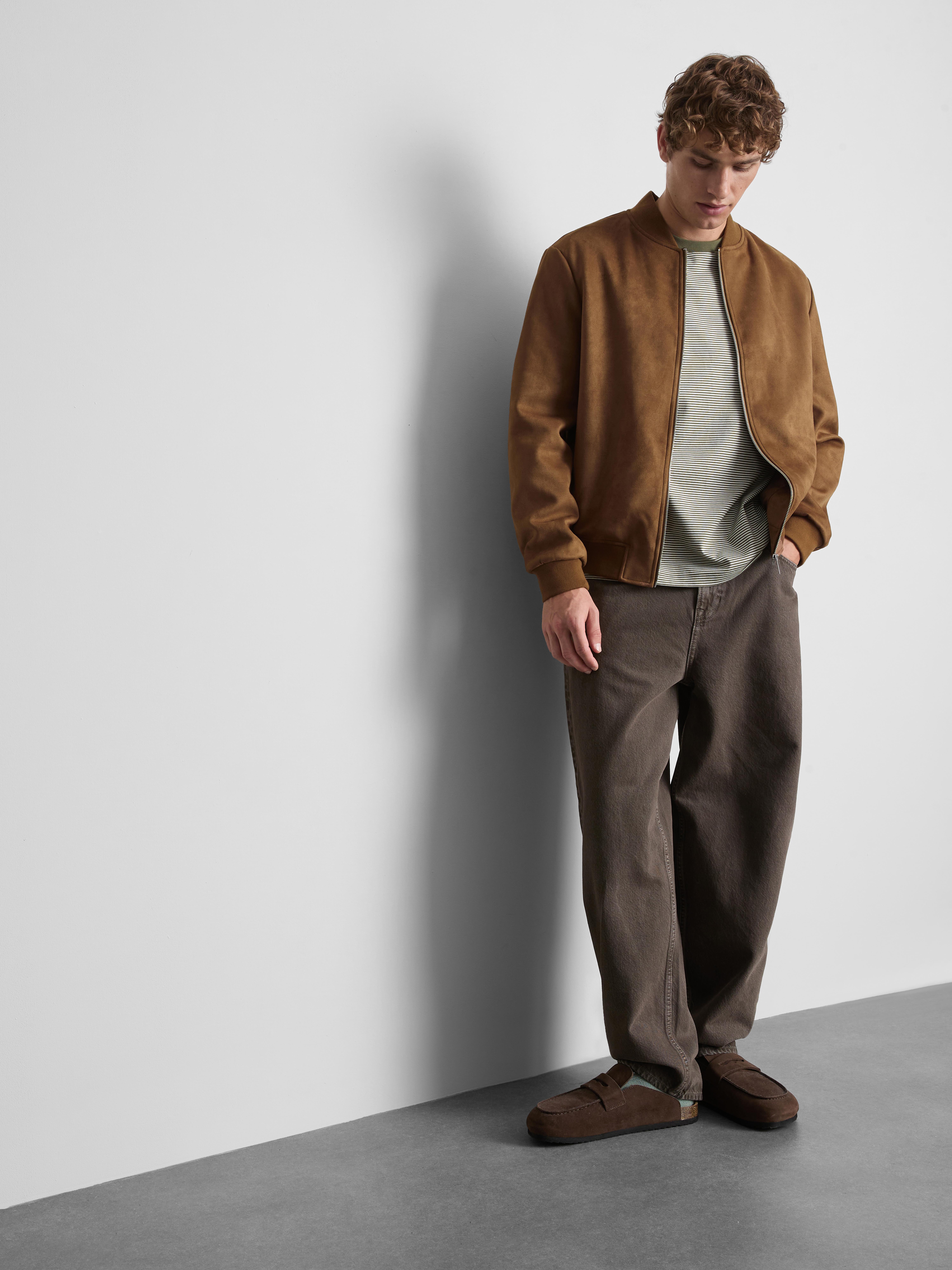 Faux Suede Zip-Up Bomber Jacket - Tobacco
