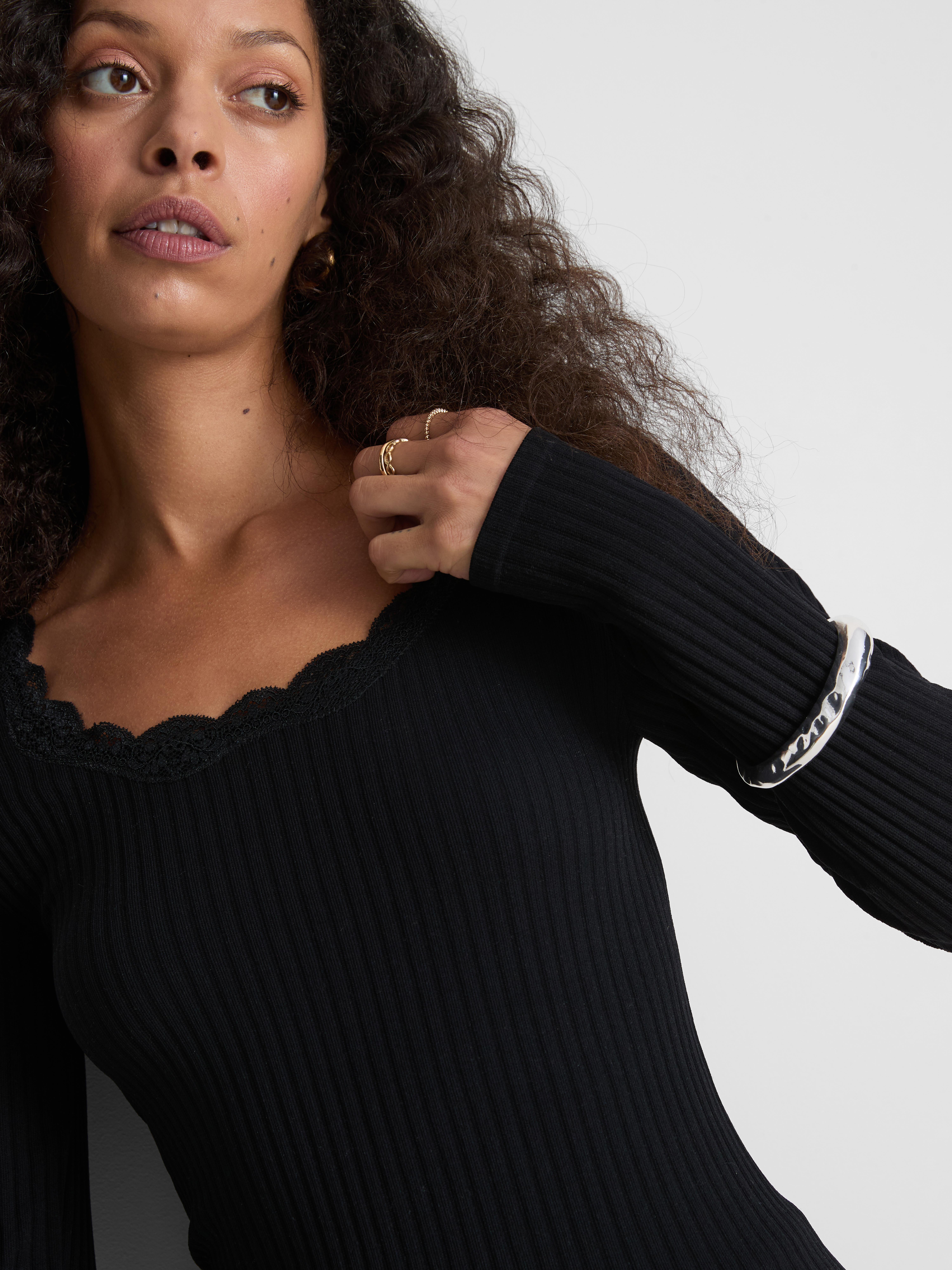 Ribbed Long-Sleeve Squareneck Top - Black