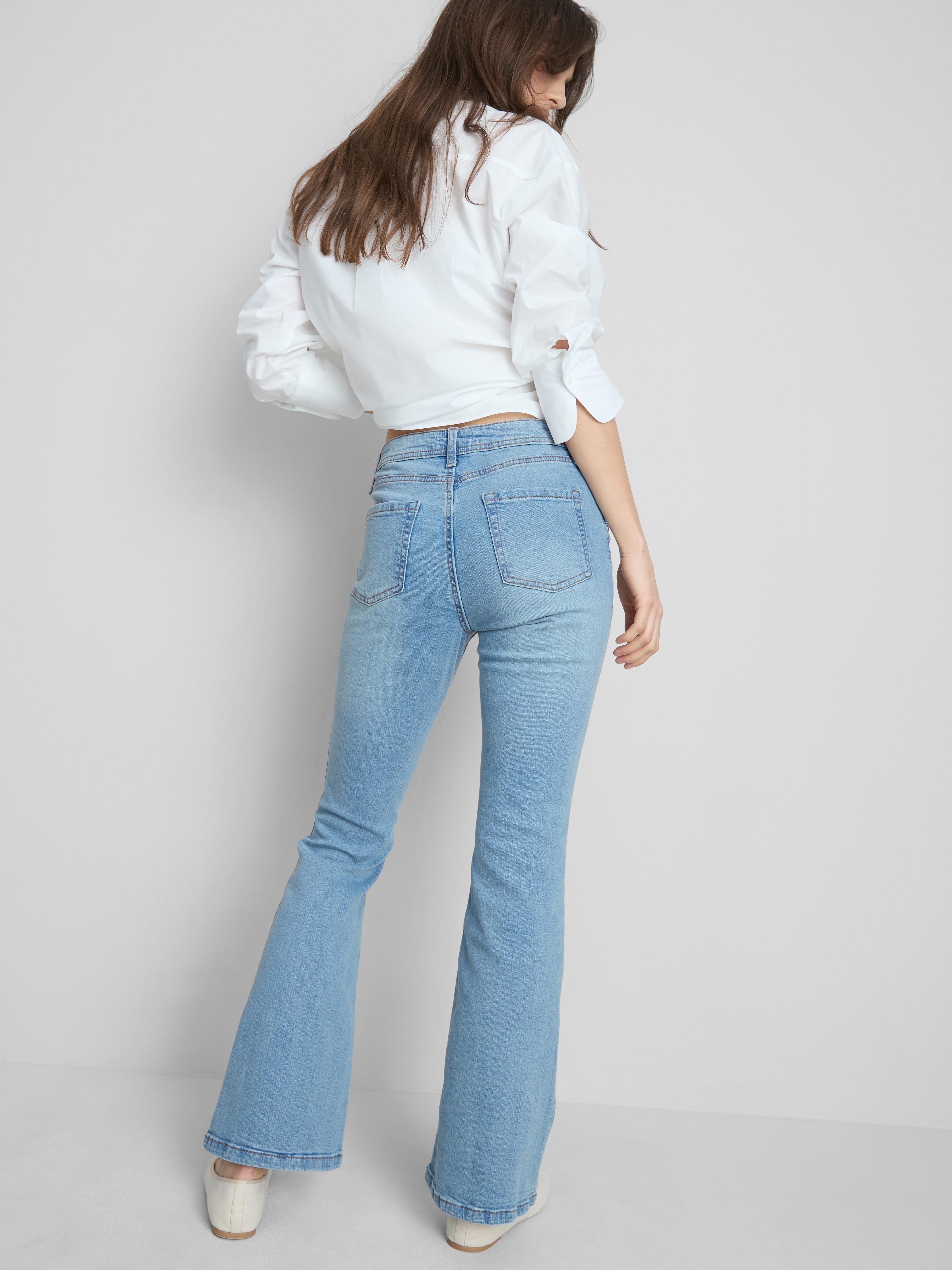 Cotton Denim Flared Mid-Rise Jeans - Light Blue