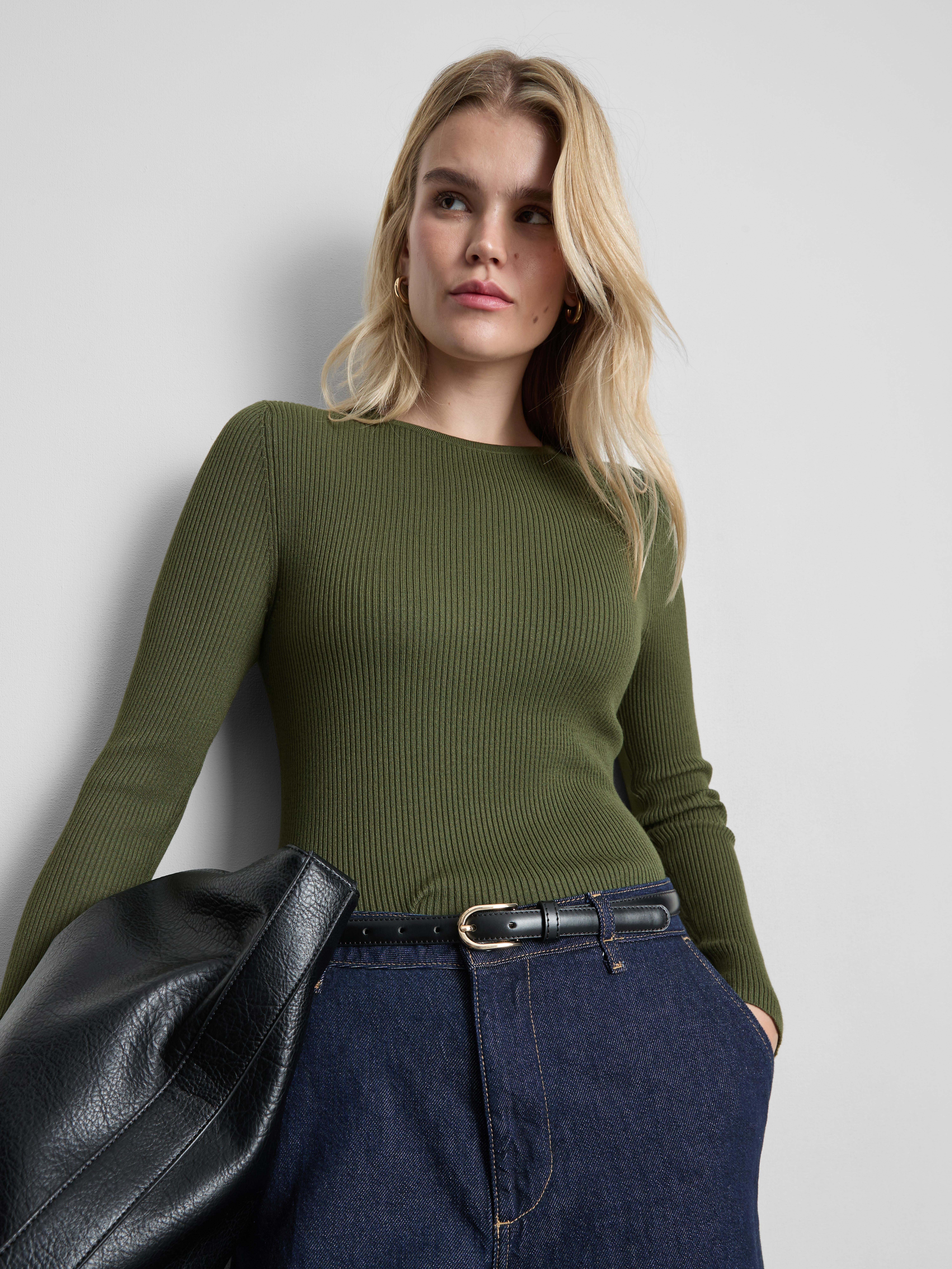Ribbed Crew Neck Sweater - Olive