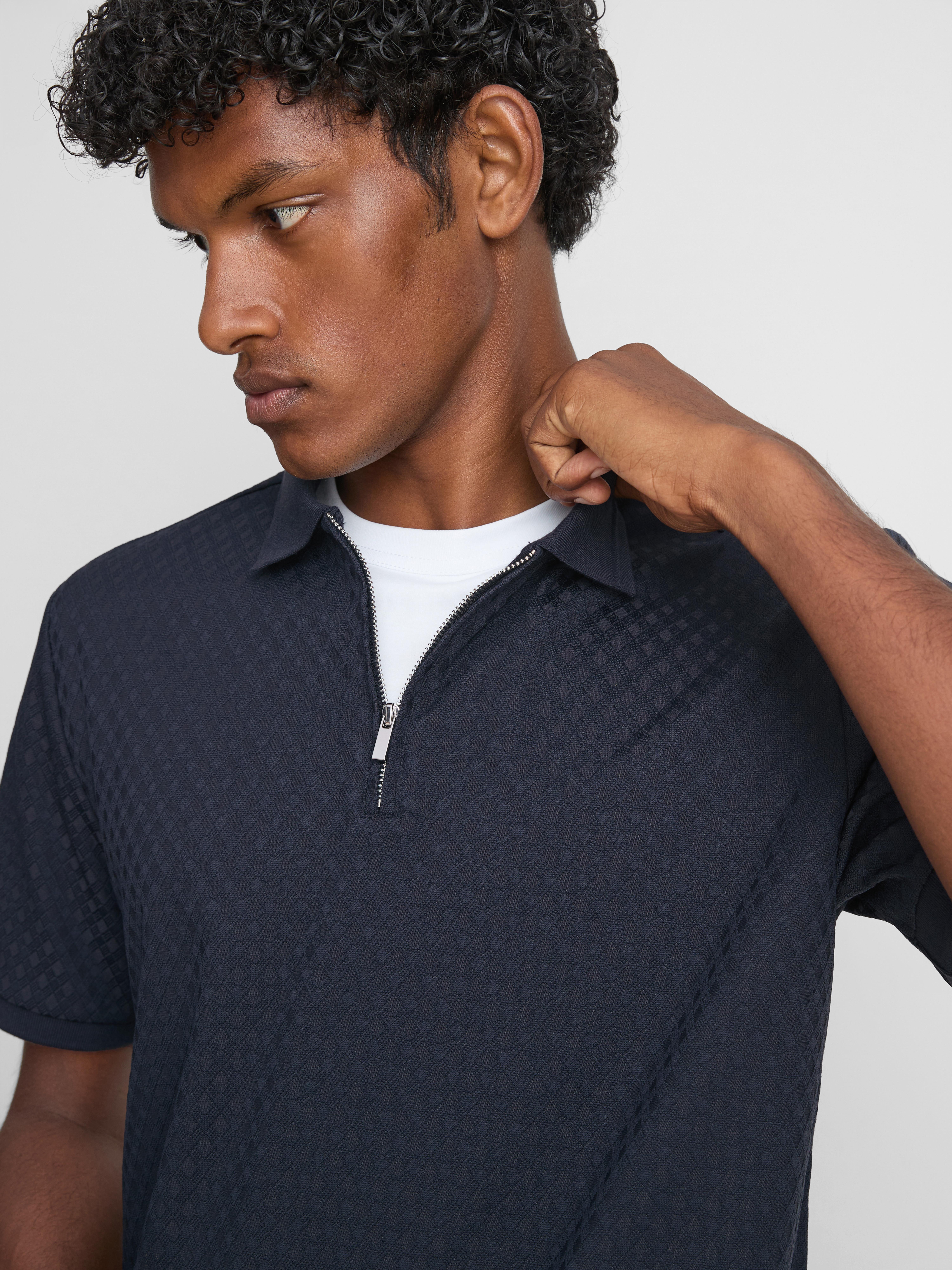 The Edit Textured Zip Polo Shirt - Navy