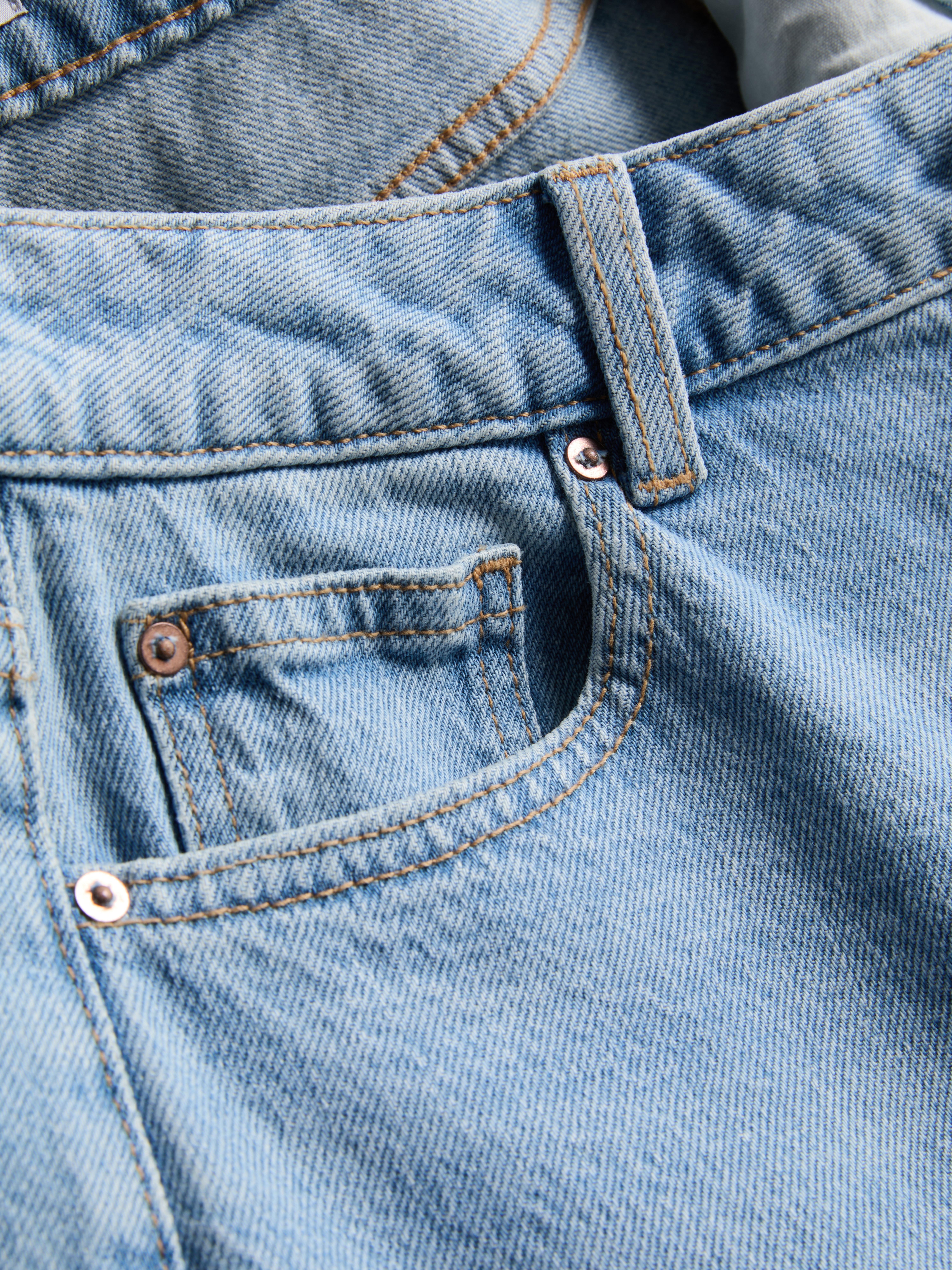 Cotton Denim Straight Leg Jeans - Blue