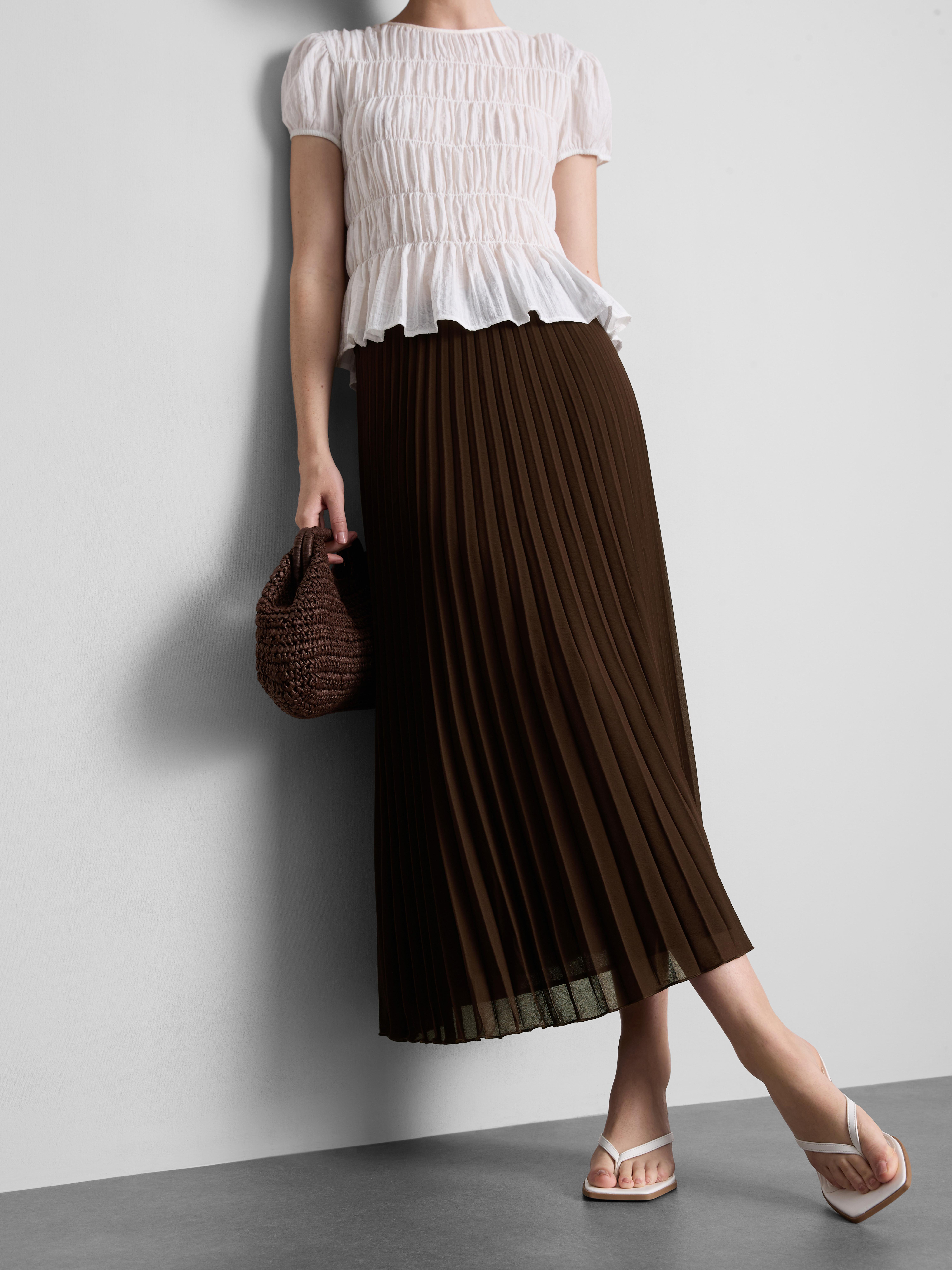 Pleated Chiffon Midi Skirt - Chocolate