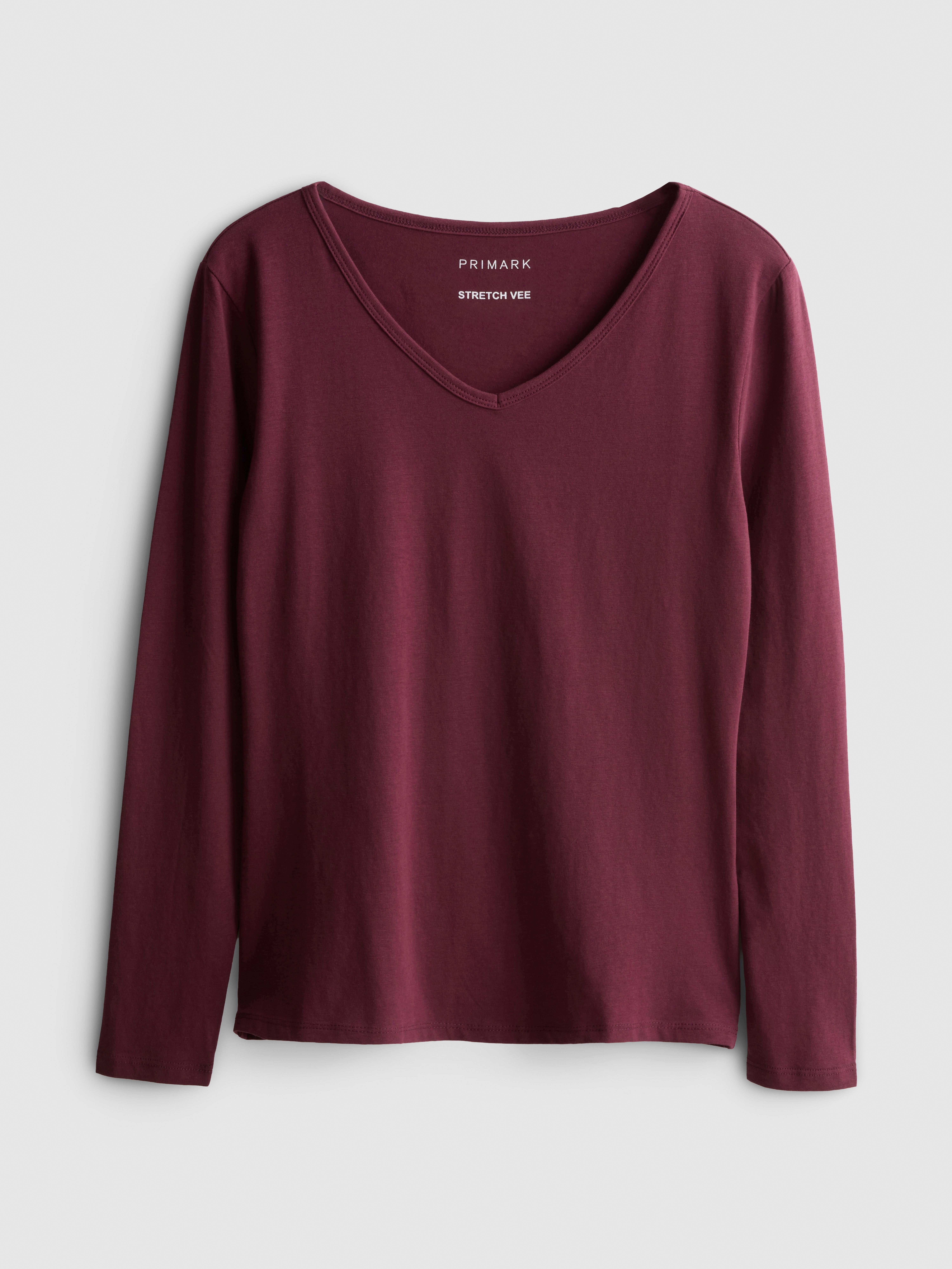 Cotton-Rich Long-Sleeve V-Neck Stretch Top - Burgundy
