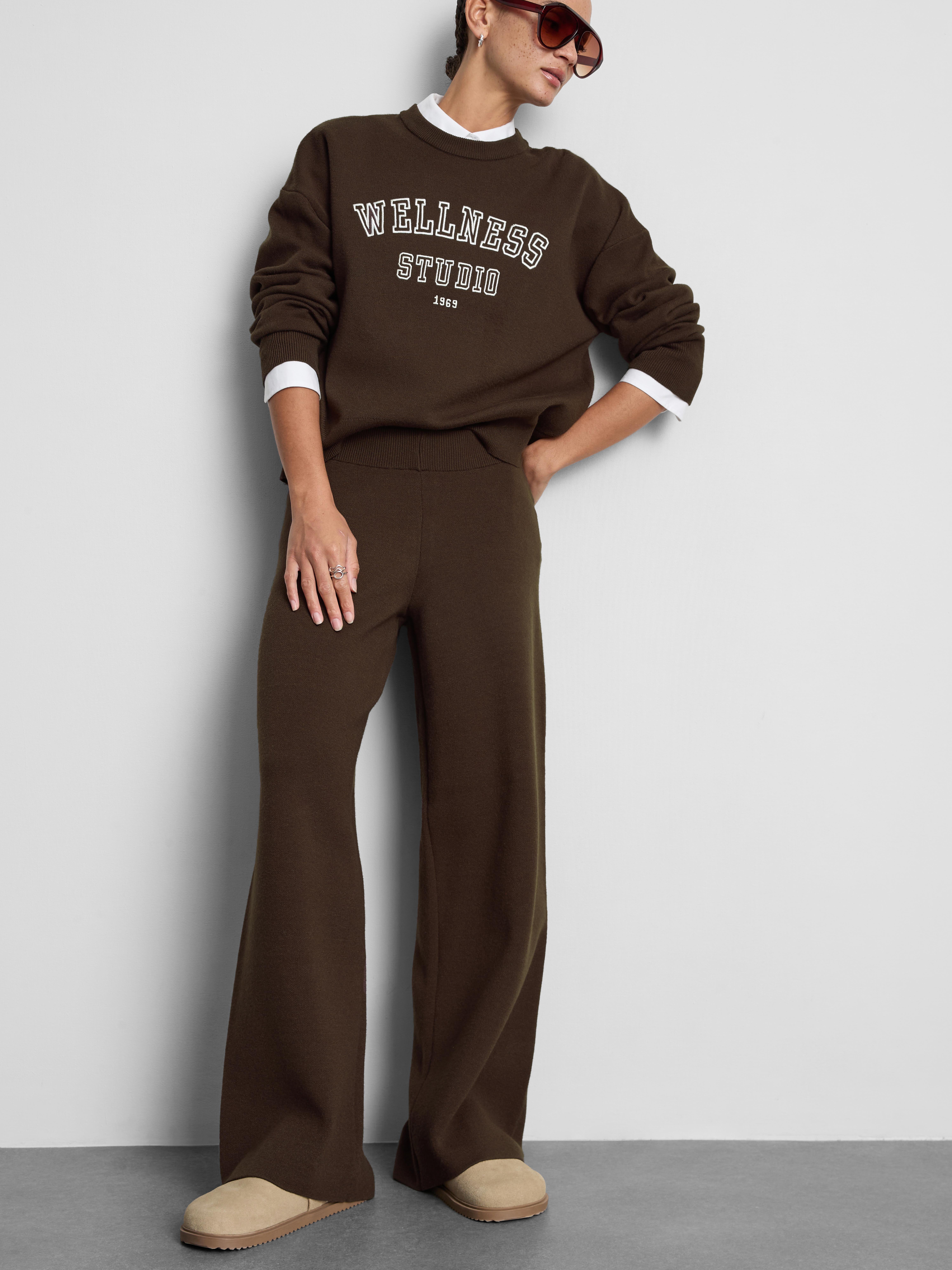 Compact Knit Wide Leg Leggings - Brown