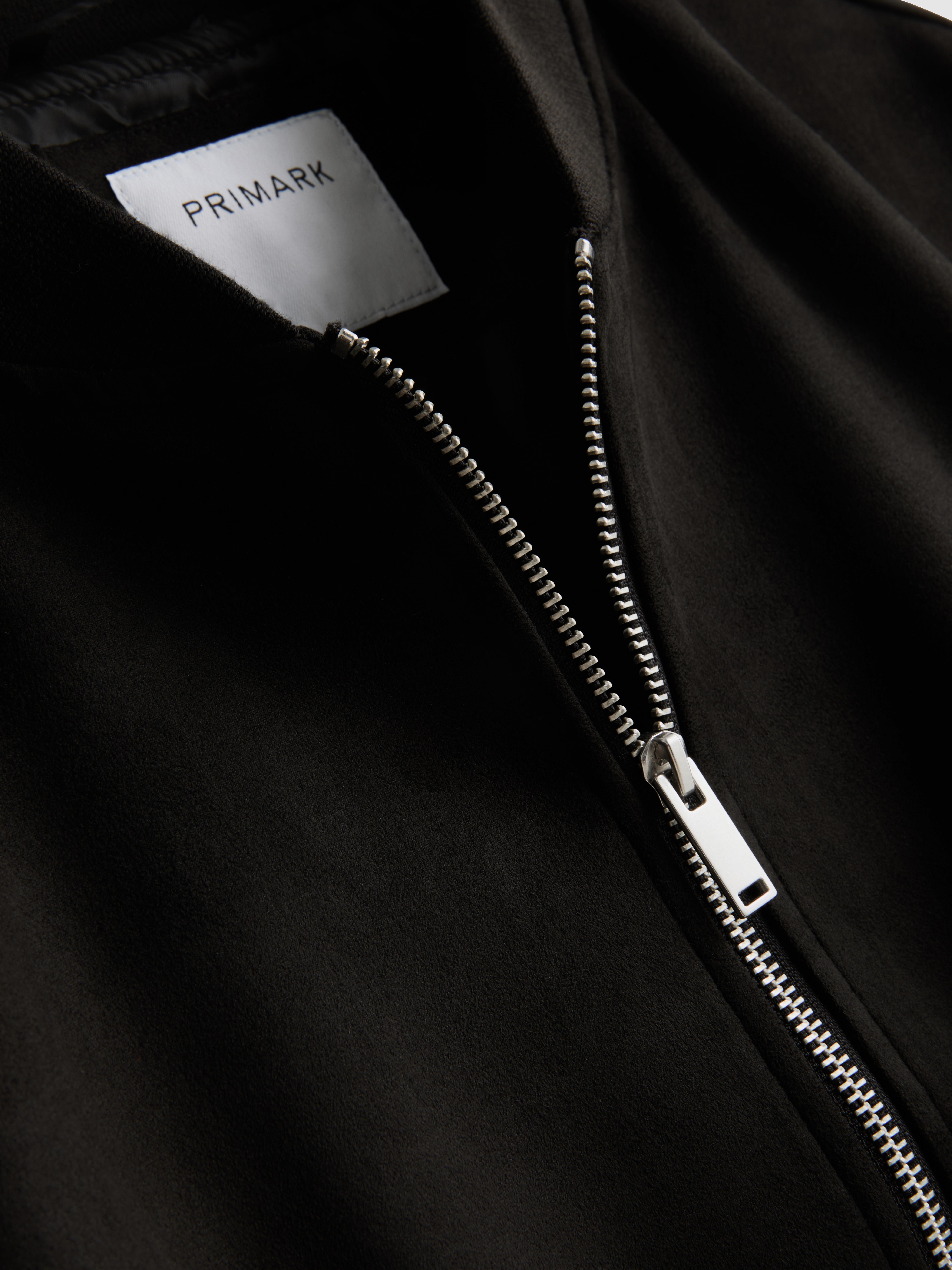 Faux Suede Zip-Up Bomber Jacket - Black