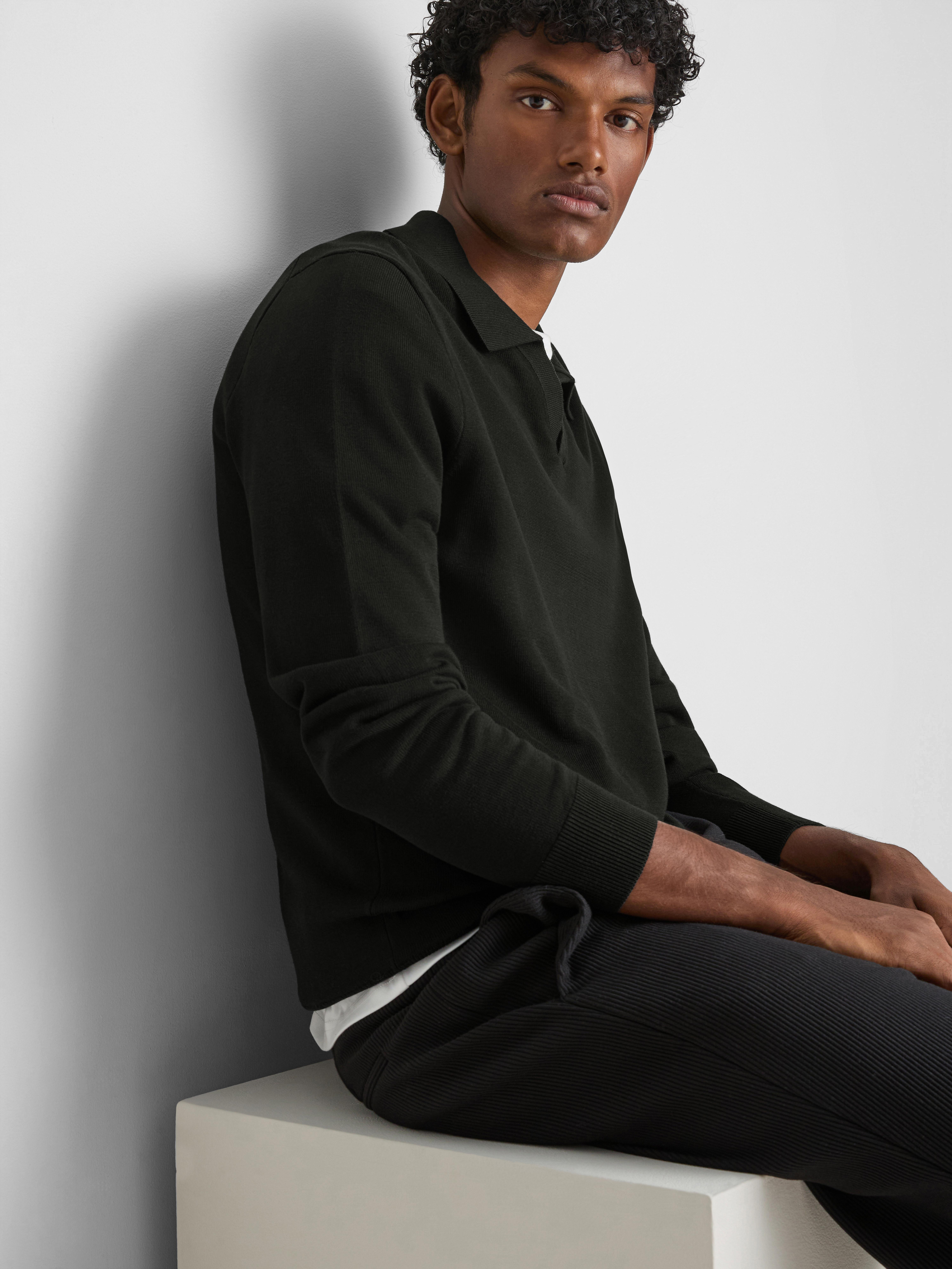 Knitted Long-Sleeve Polo Shirt - Black