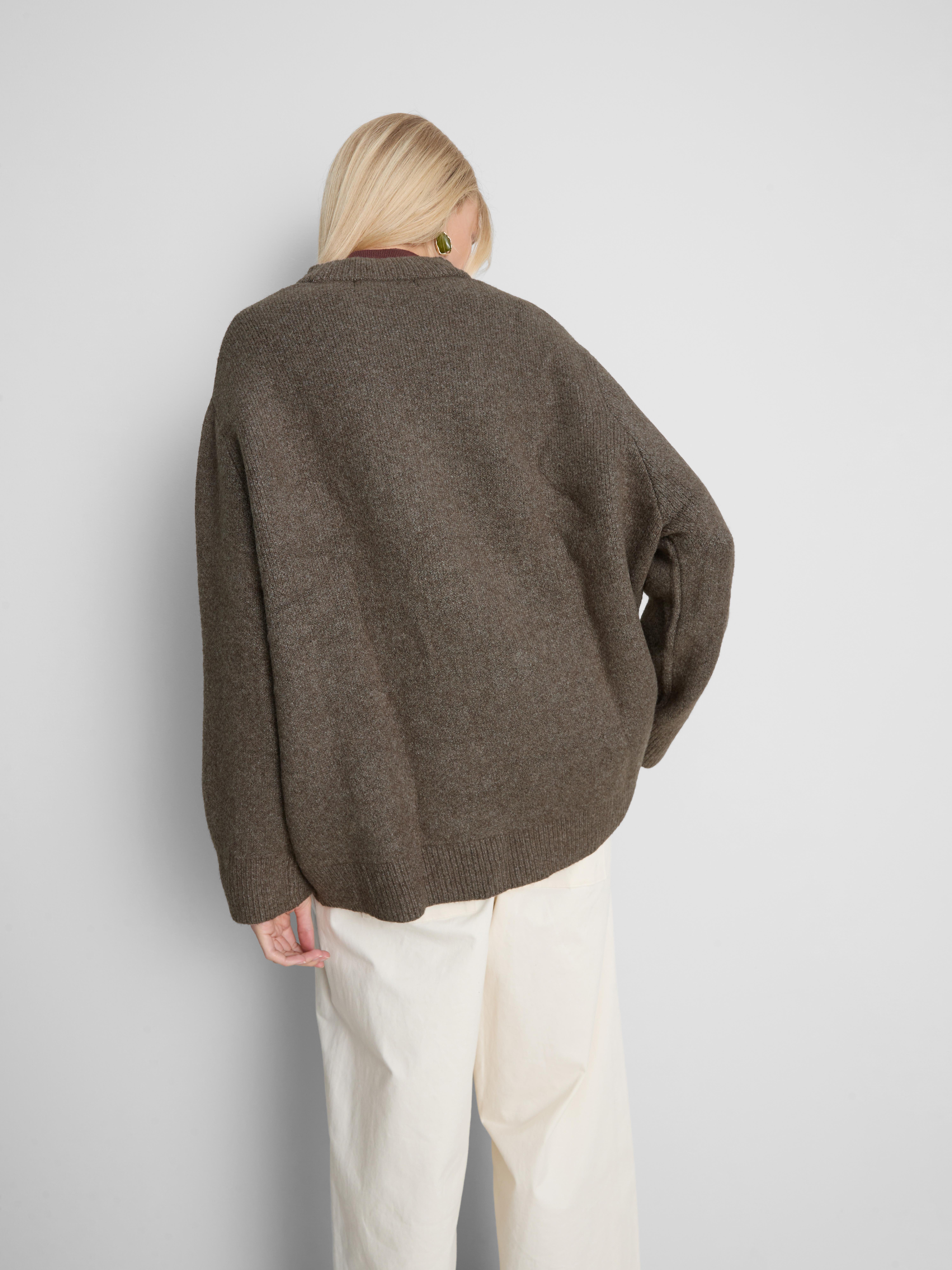 Wool Blend Oversized Crew Neck Sweater - Brown
