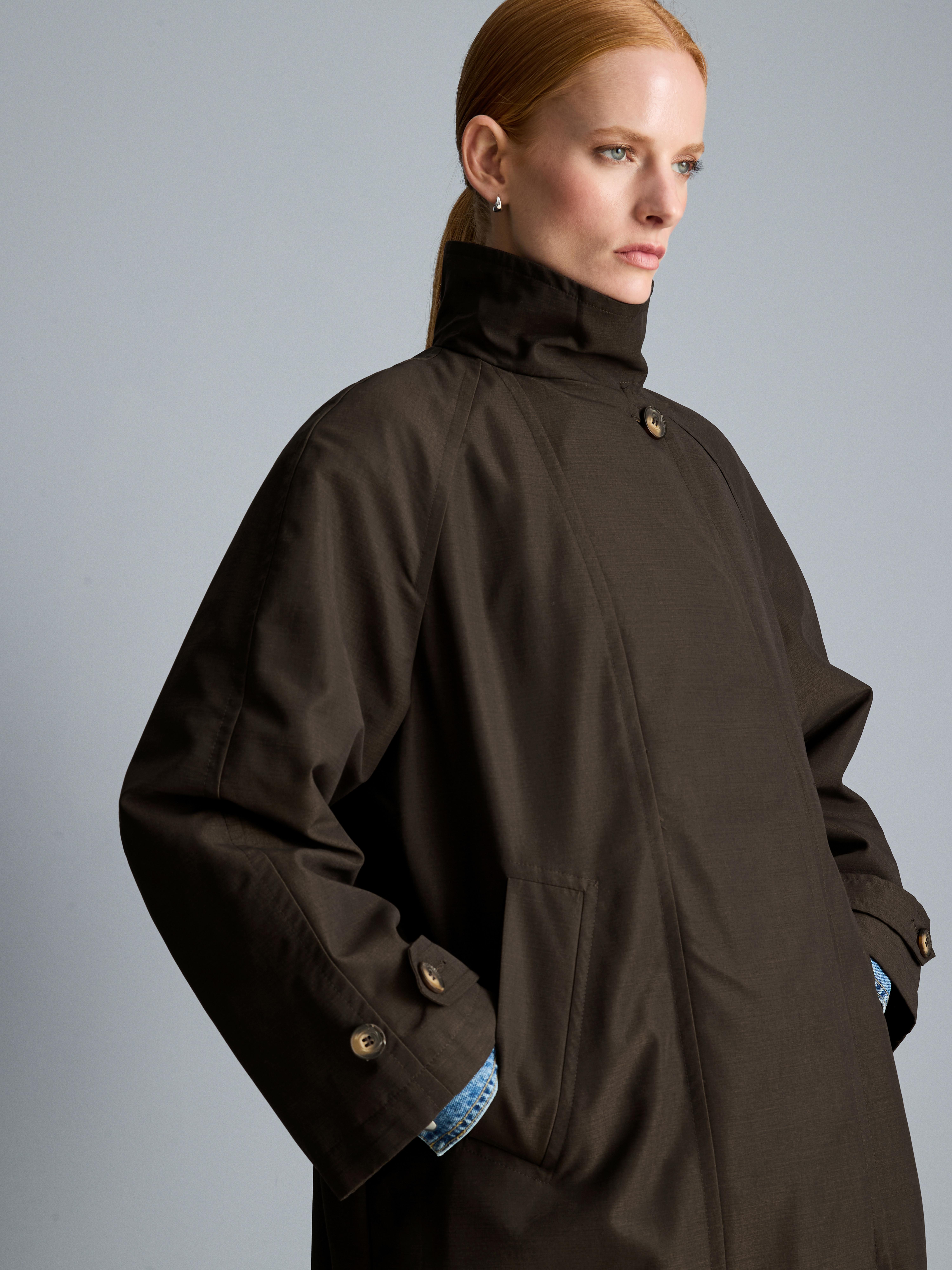 High Neckline Long Raincoat - Brown