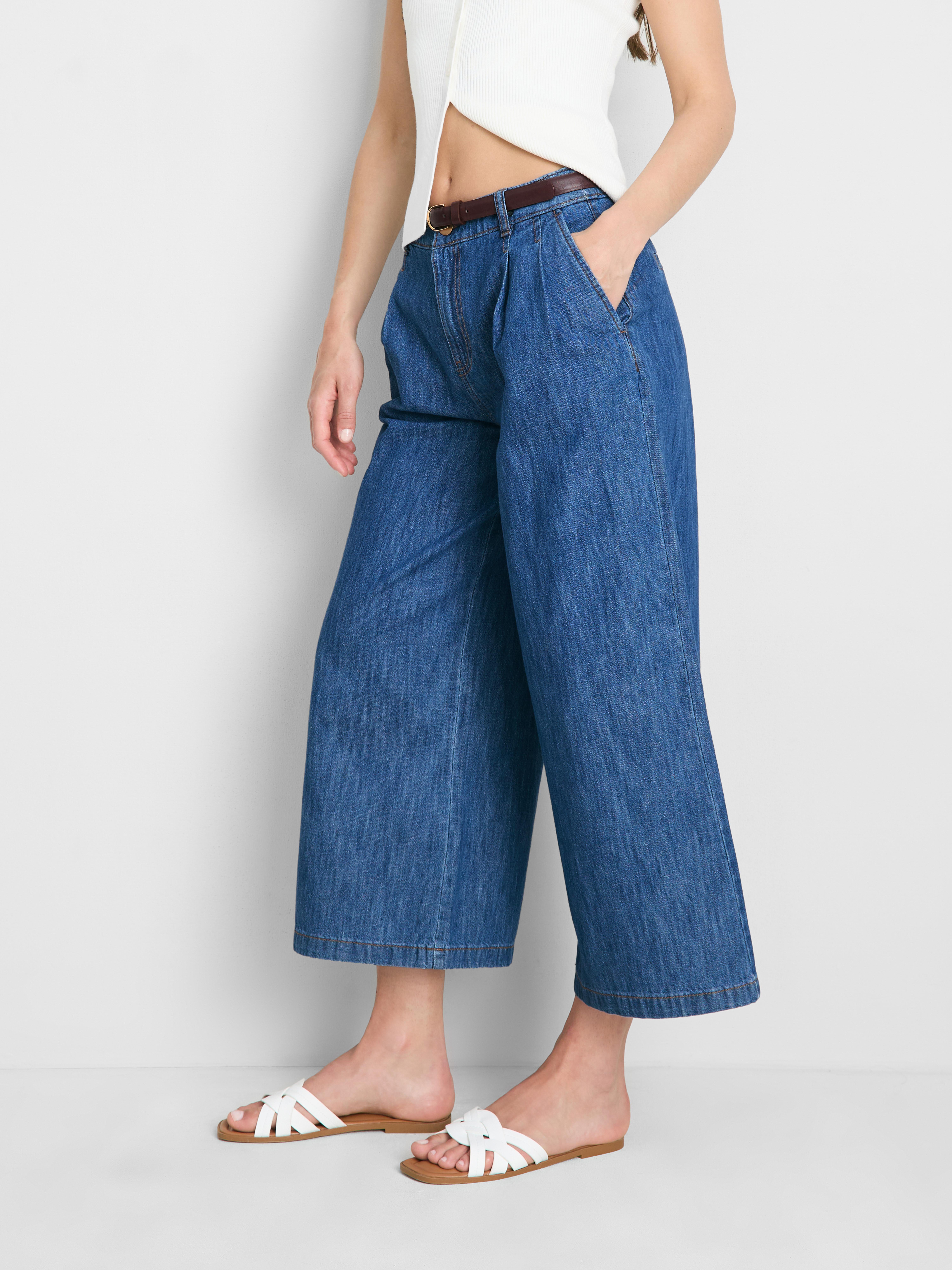 Cotton Denim Belted Culotte Pants - Mid Blue