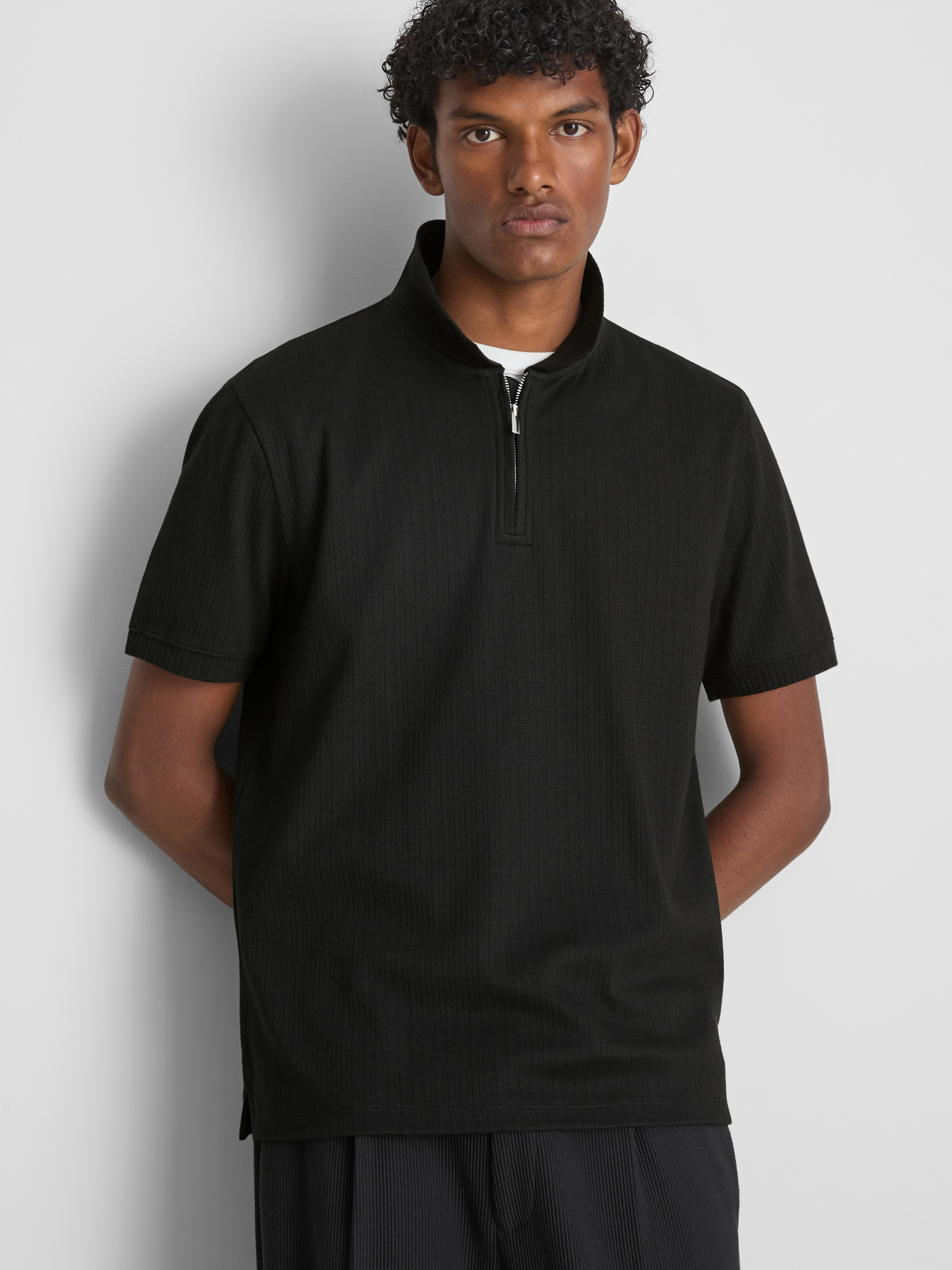 The Edit Ribbed Zip Neck Polo Shirt - Black
