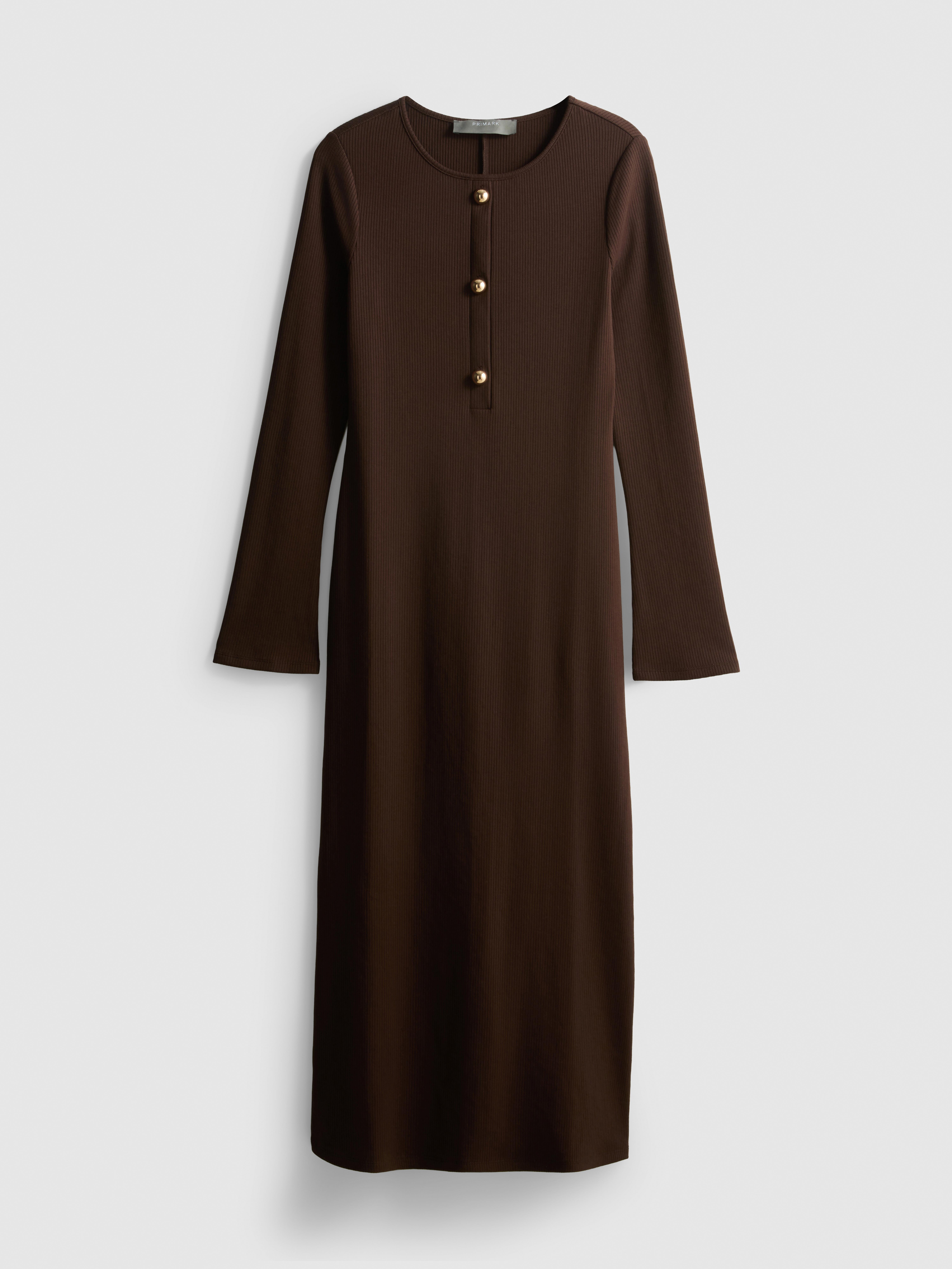 Ribbed Button-Detail Midi Dress - Chocolate
