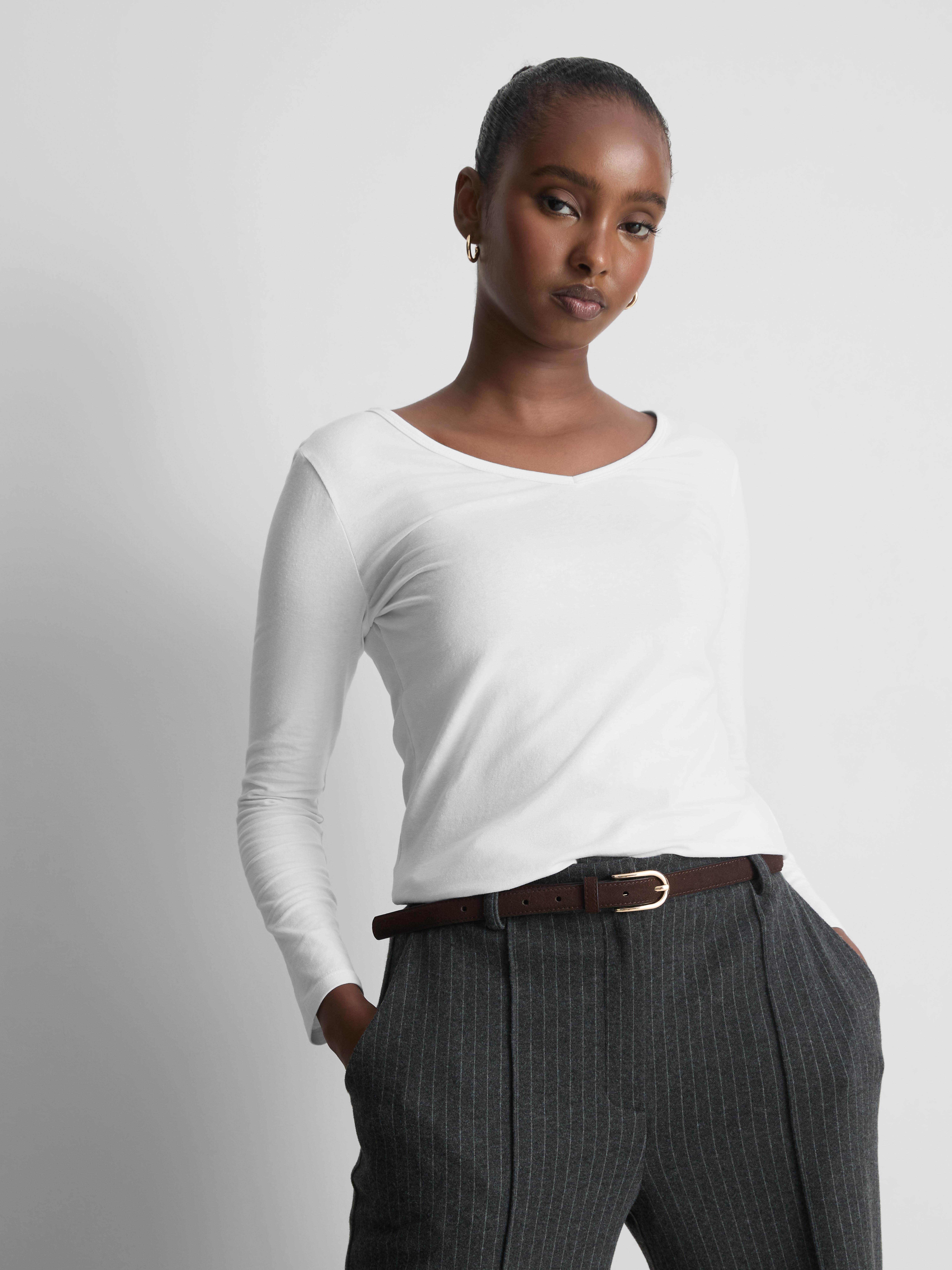 Cotton-Rich Long-Sleeve V-Neck Tee - White