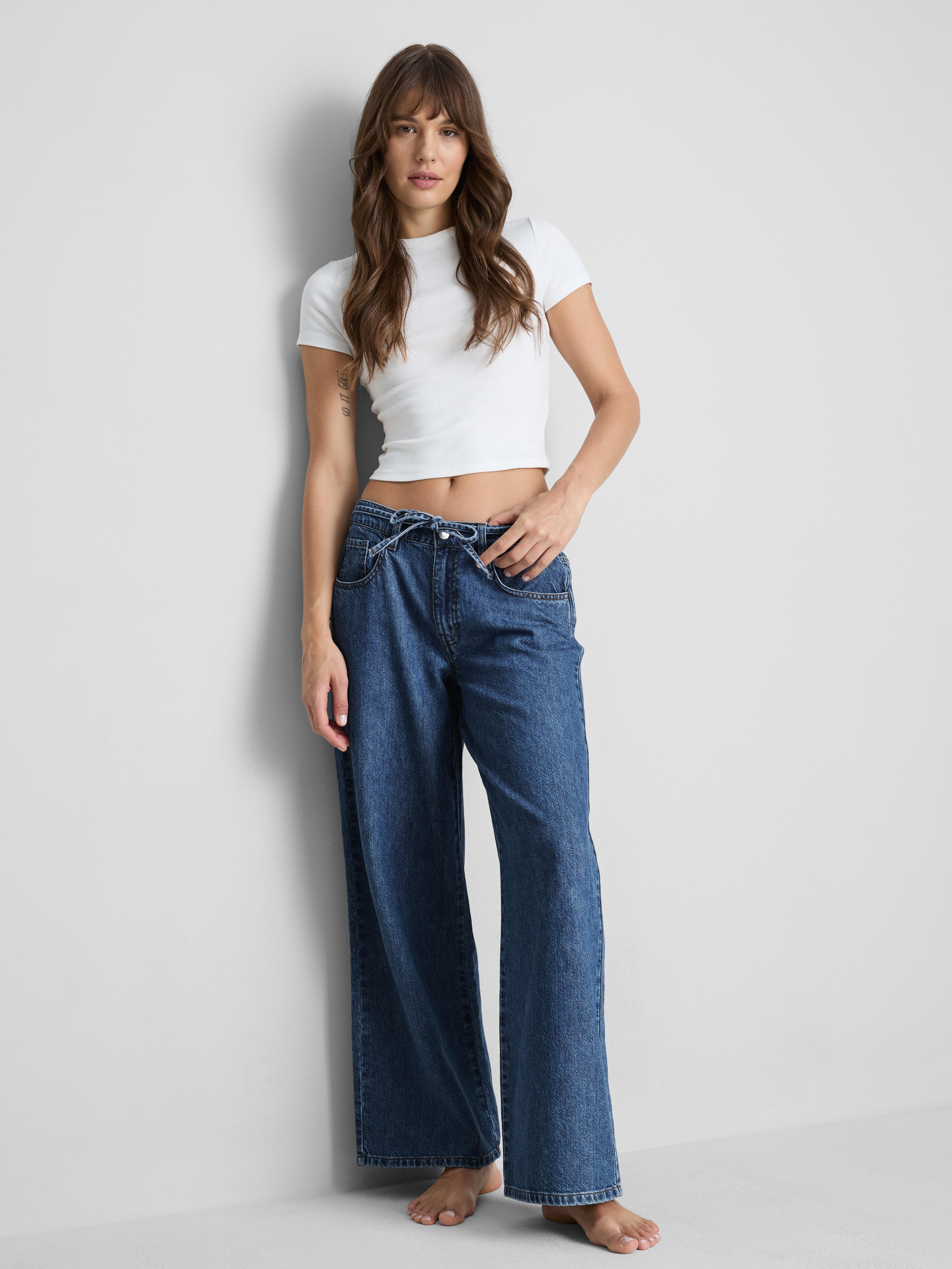 Cotton Denim Wide-Leg Drawstring Jeans - Mid Blue