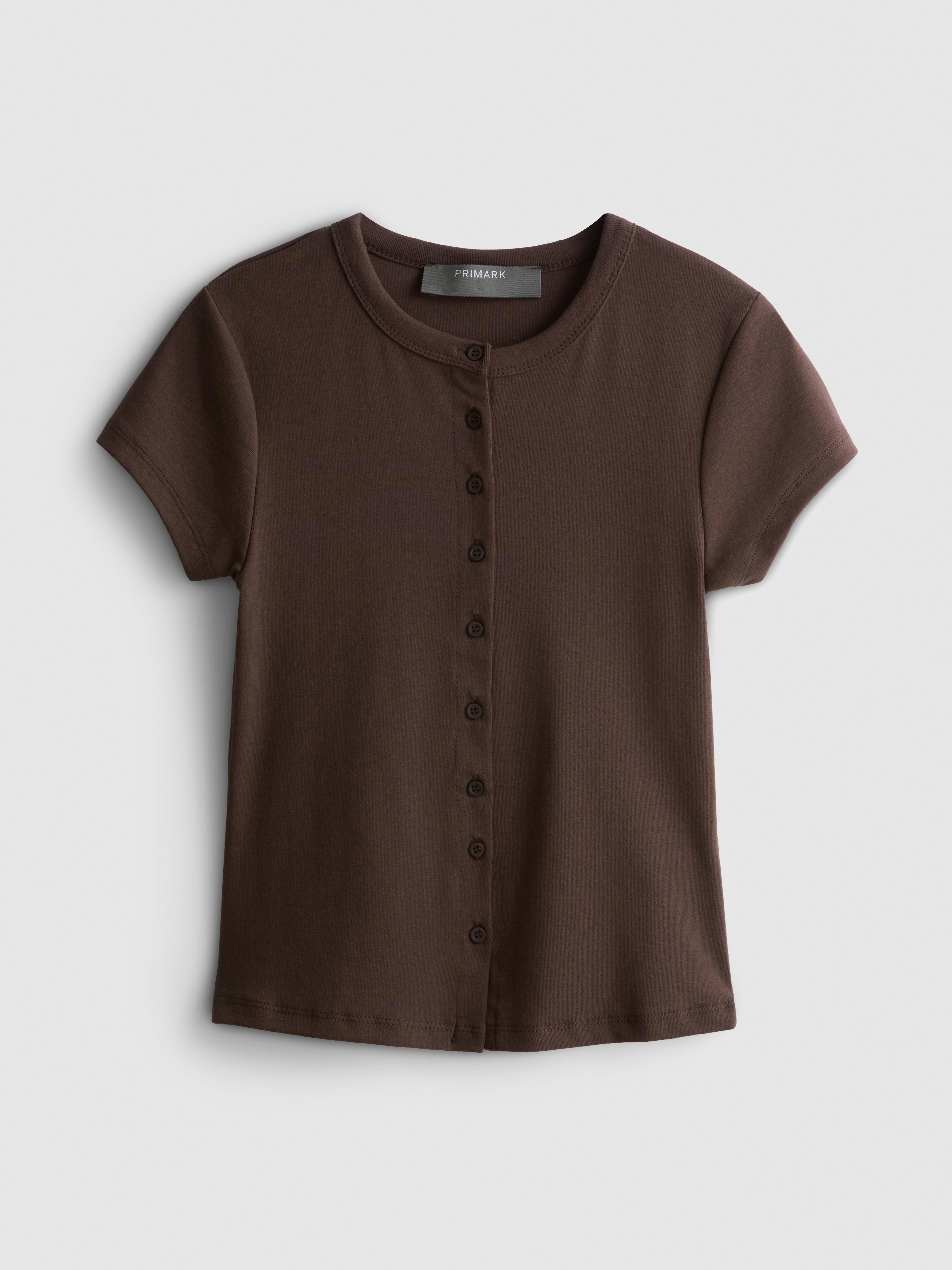 Cotton Rich Button-Up T-Shirt - Chocolate