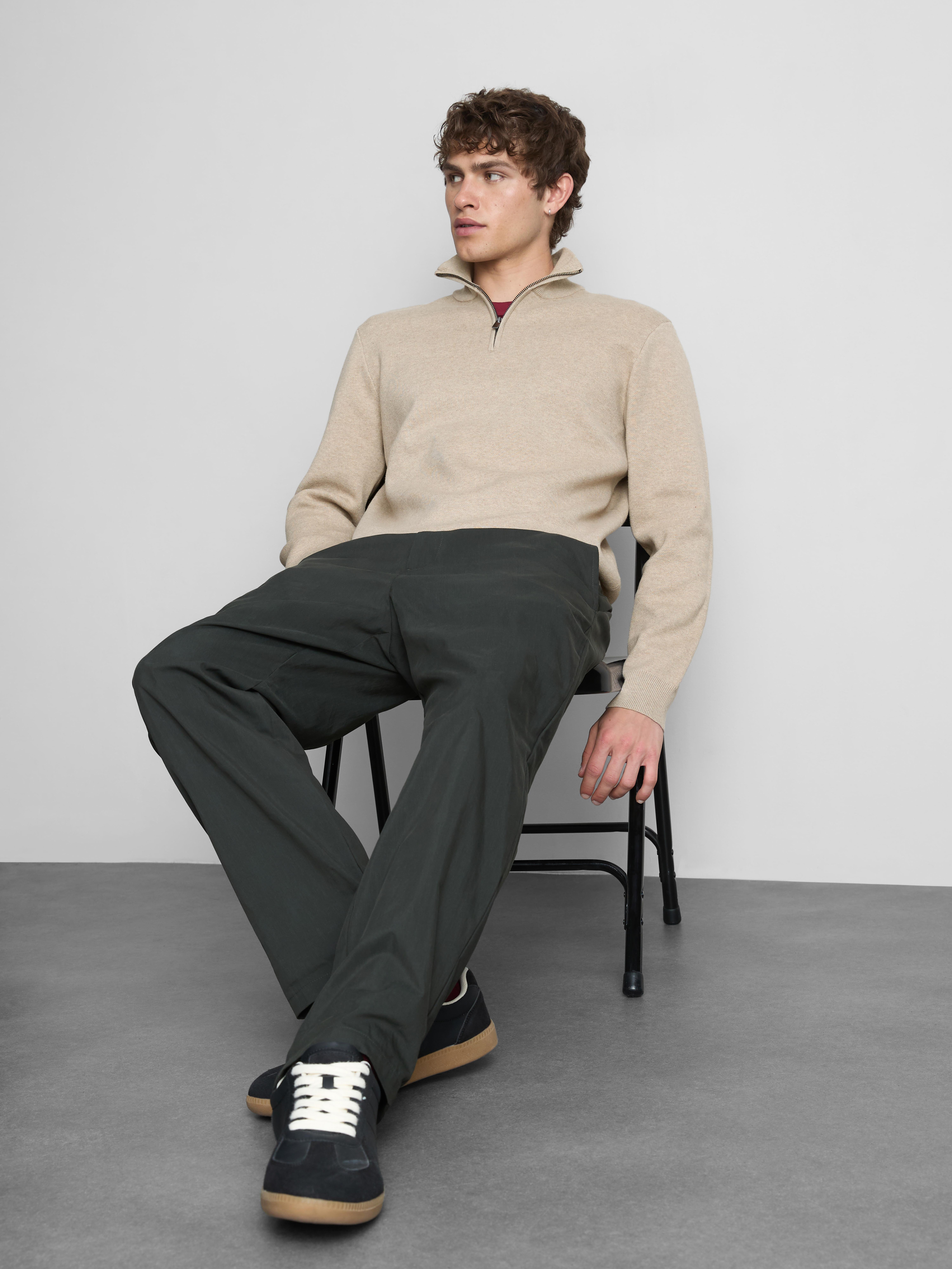 Zip Neck Knitted Sweater - Natural