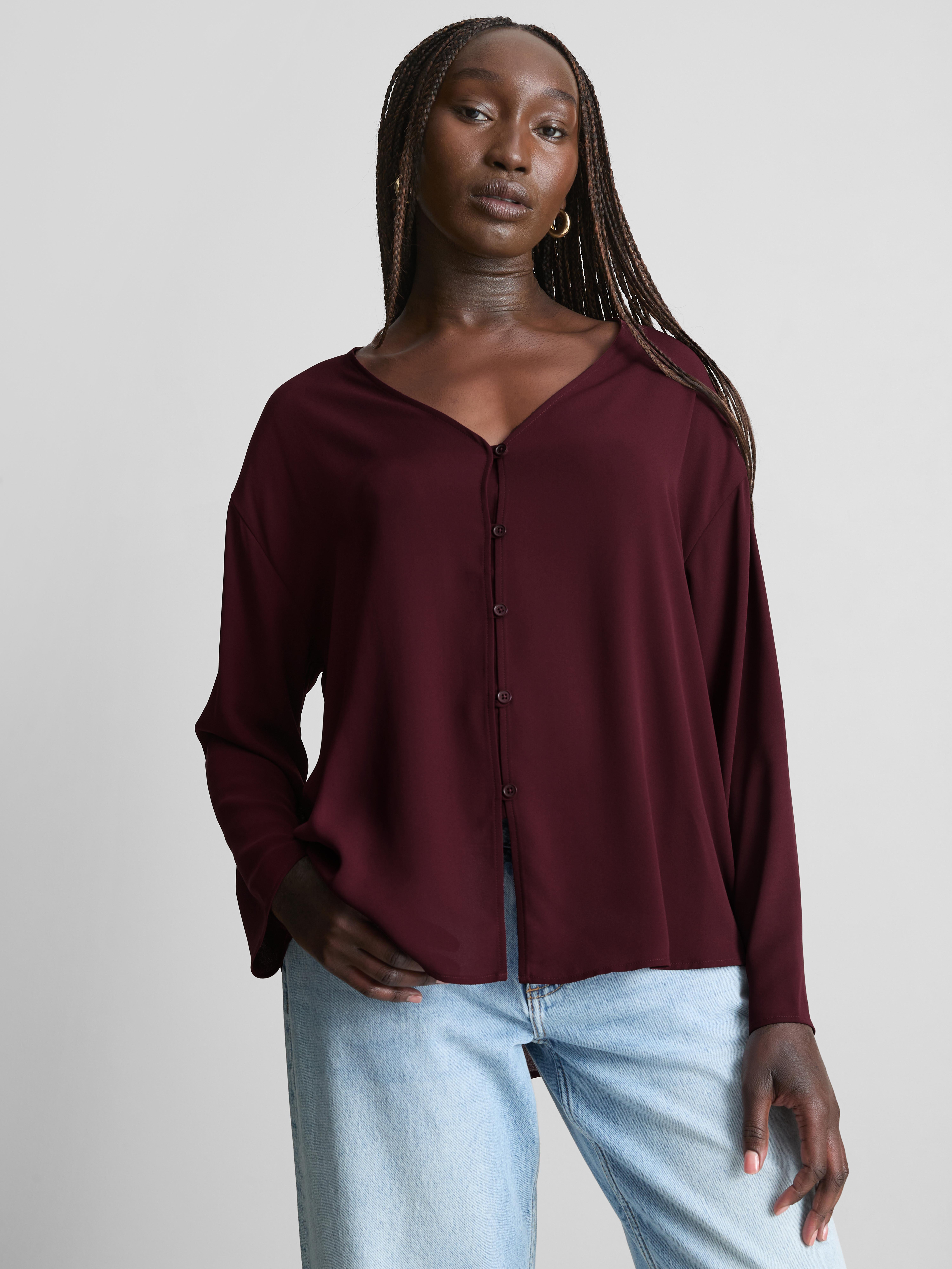 Crepe V-Neck Blouse - Burgundy