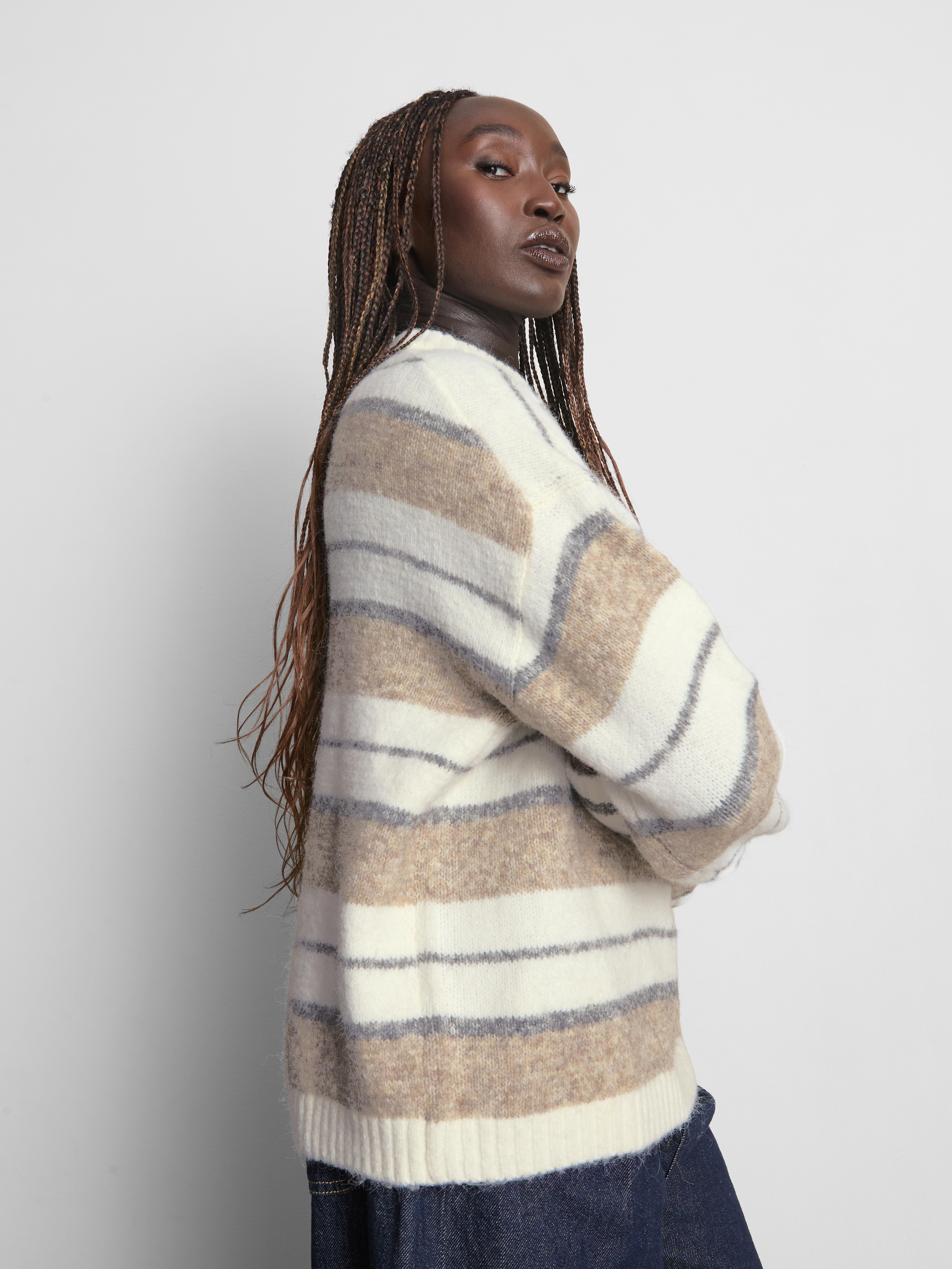 Knitted Fluffy Stripe Crew Neck Sweater - Ivory