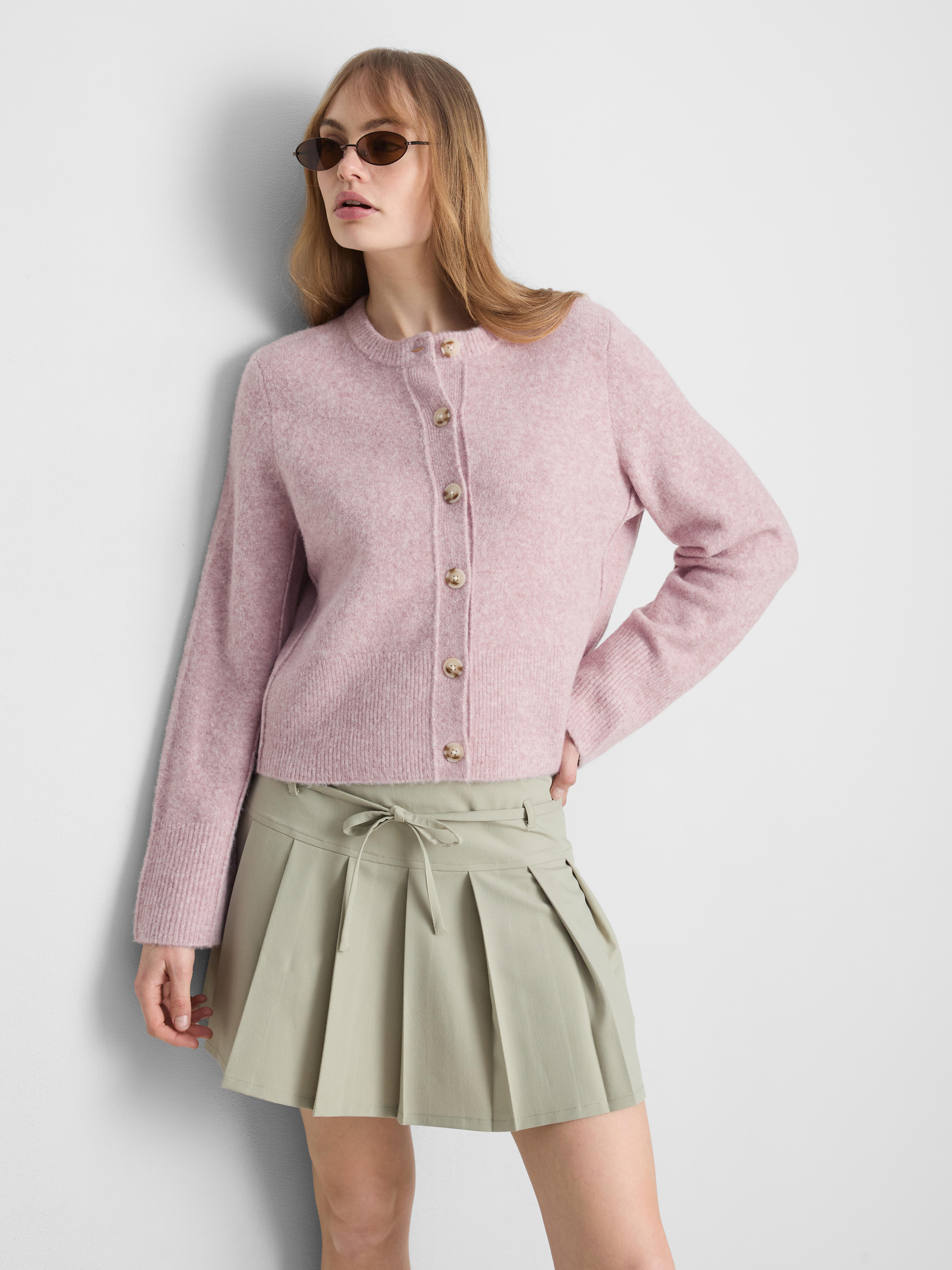 Relaxed Knitted Crew Neck Cardigan - Lilac