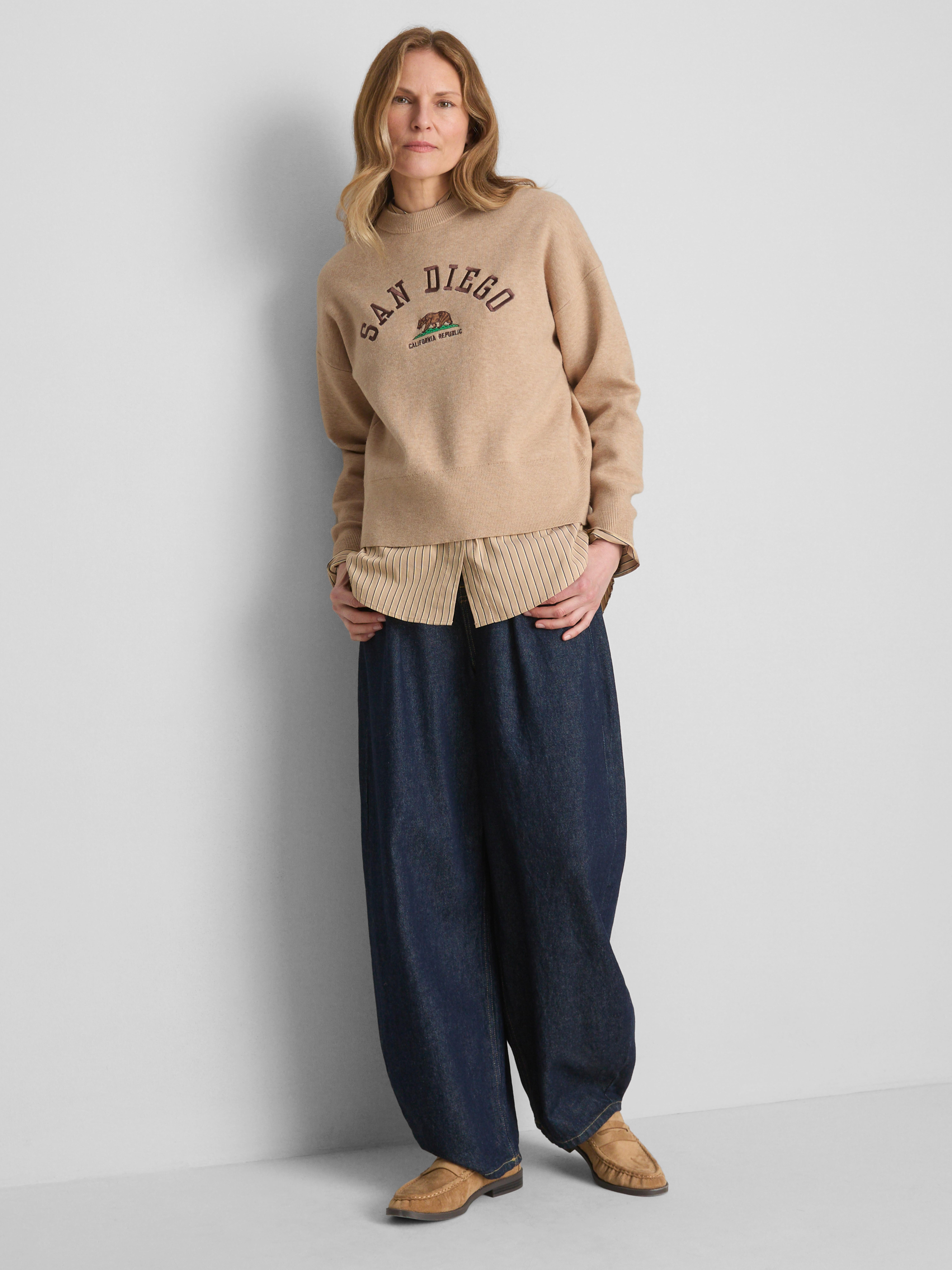 Knitted Crewneck Slogan Sweater - Oatmeal