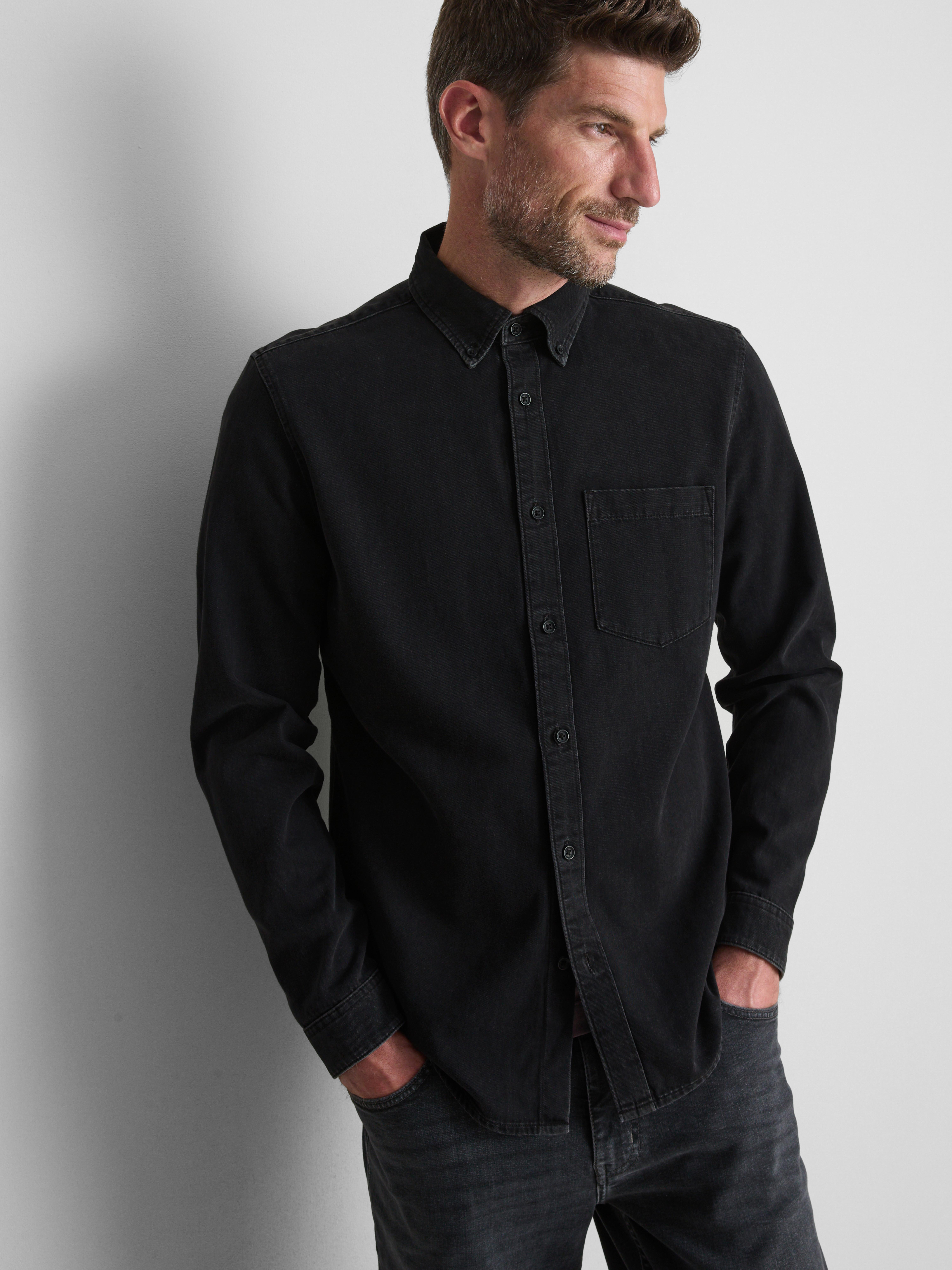 Long-Sleeve Button-Up Denim Shirt - Black
