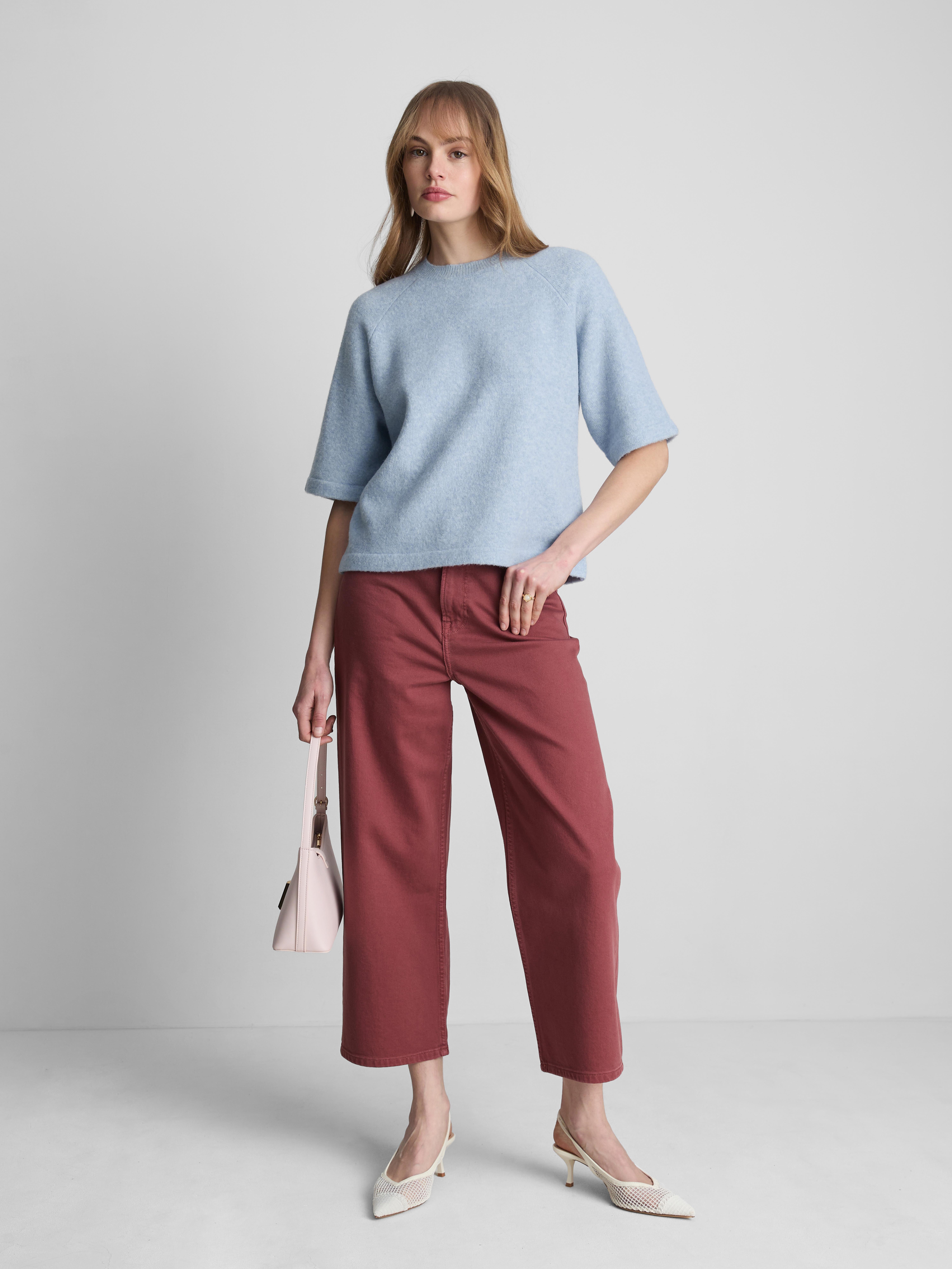 Wool-Blend Knitted Boxy T-Shirt - Light Blue