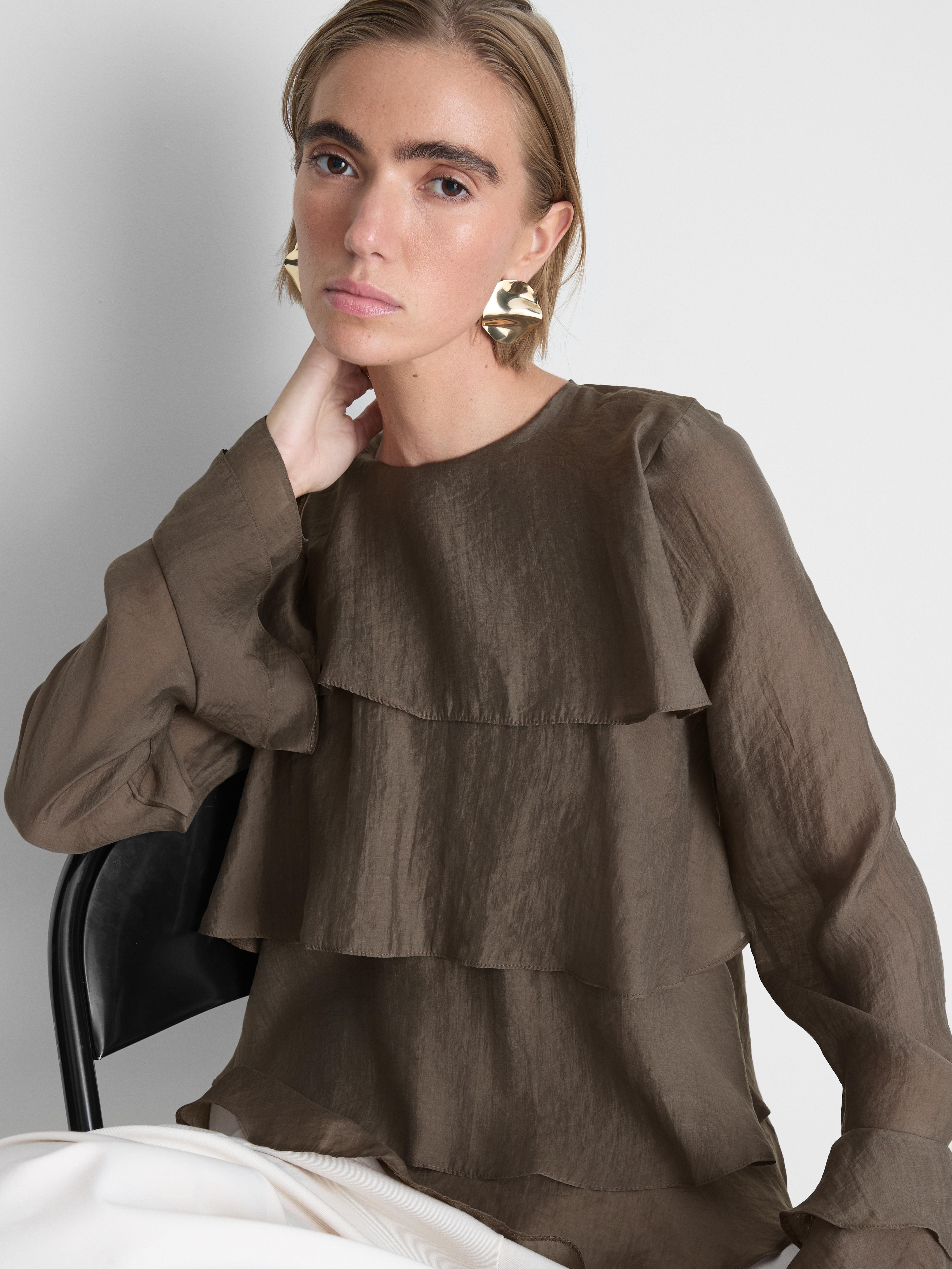 Tiered Long-Sleeve Blouse - Chocolate