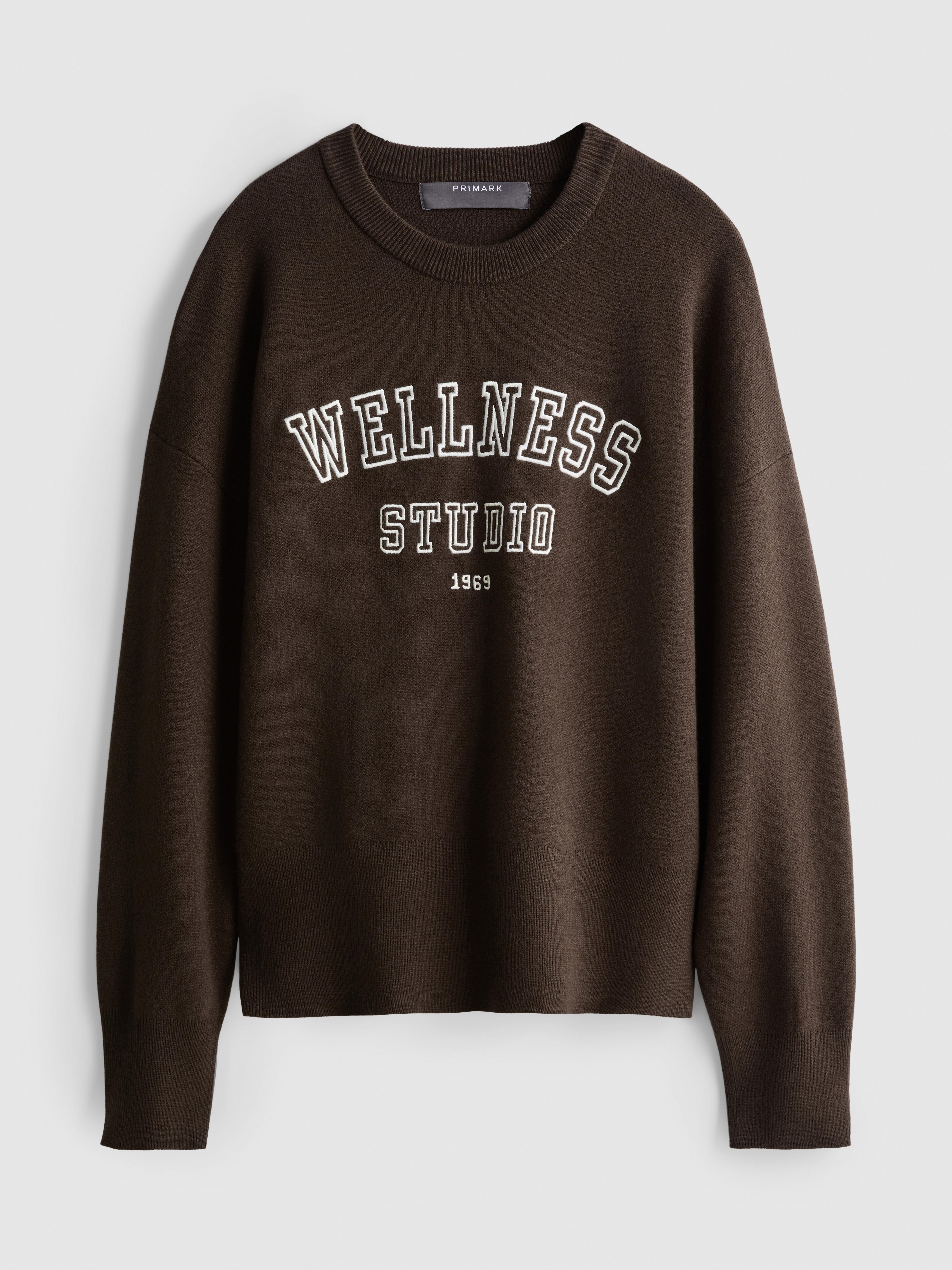 Knitted Crewneck Slogan Sweater - Brown