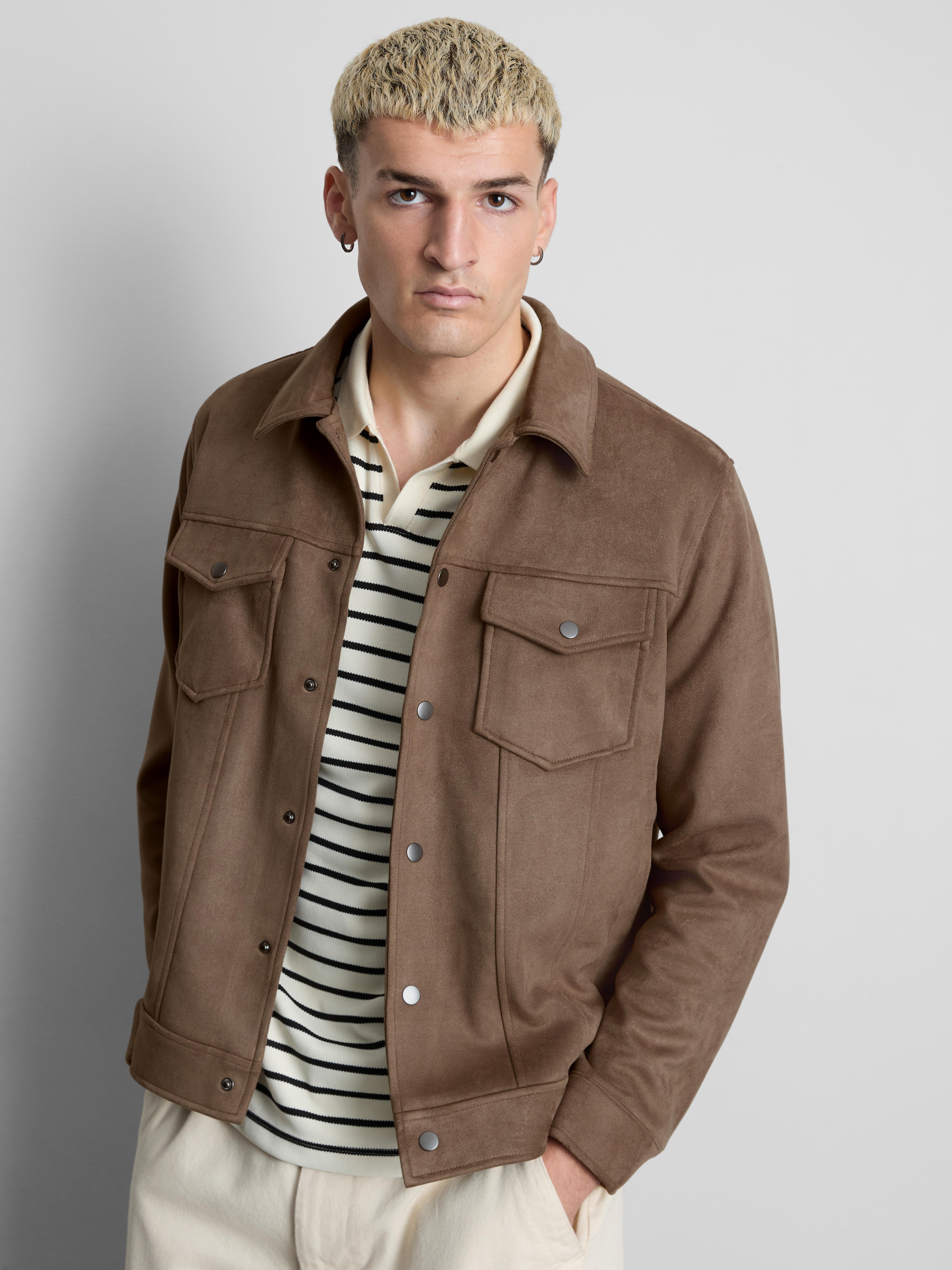 Faux Suede Trucker Jacket - Taupe